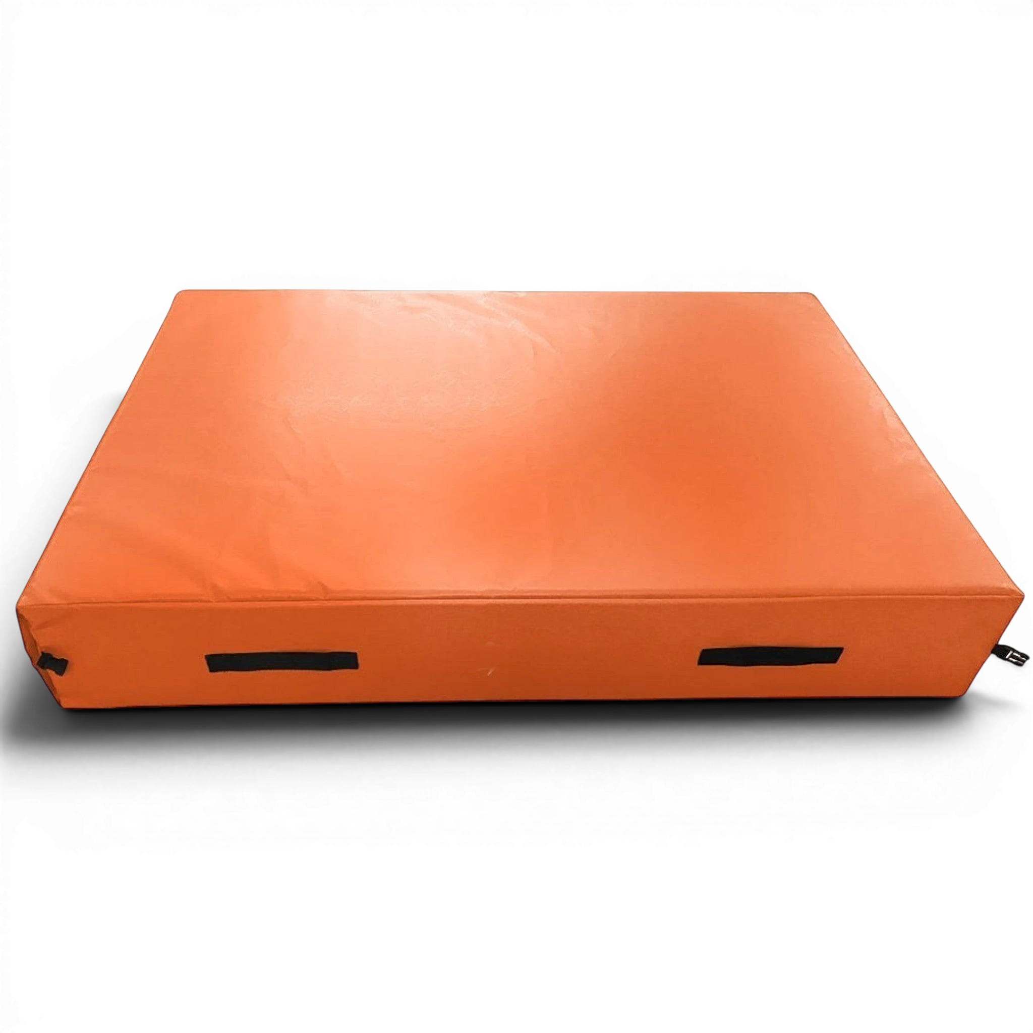 UK Gym Pits orange trampoline safety crash mat with reinforced handles and Nissen branding on a white background.