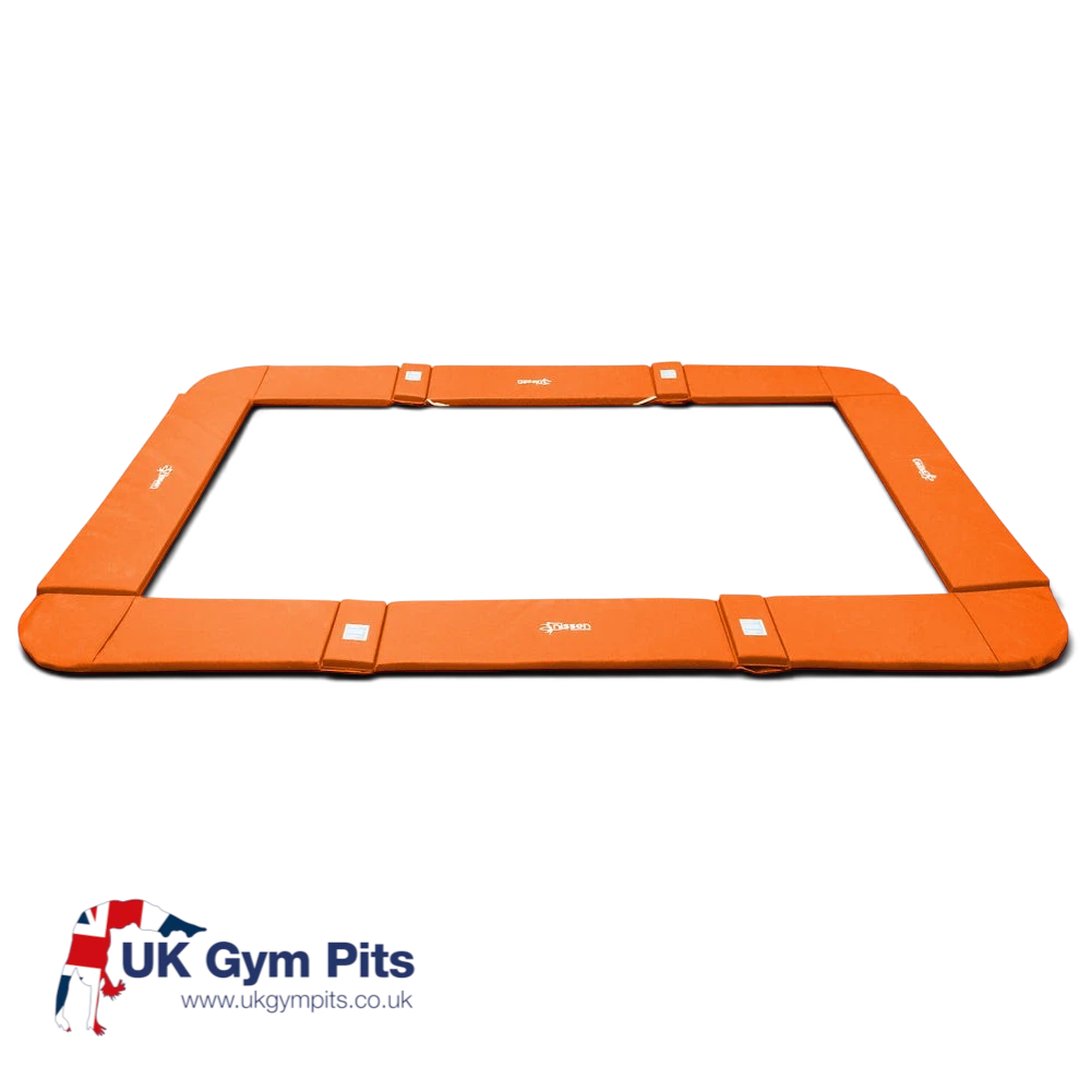 UK Gym Pits orange PVC foam coverall frame pads for a junior trampoline with elasticated attachment straps