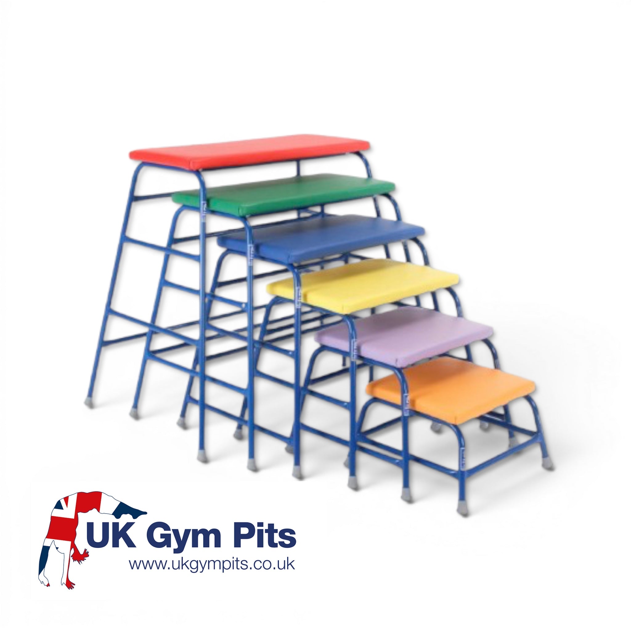 UK Gym Pits padded agility tables in a graduated set of six vibrant colours with blue powder-coated steel frames.