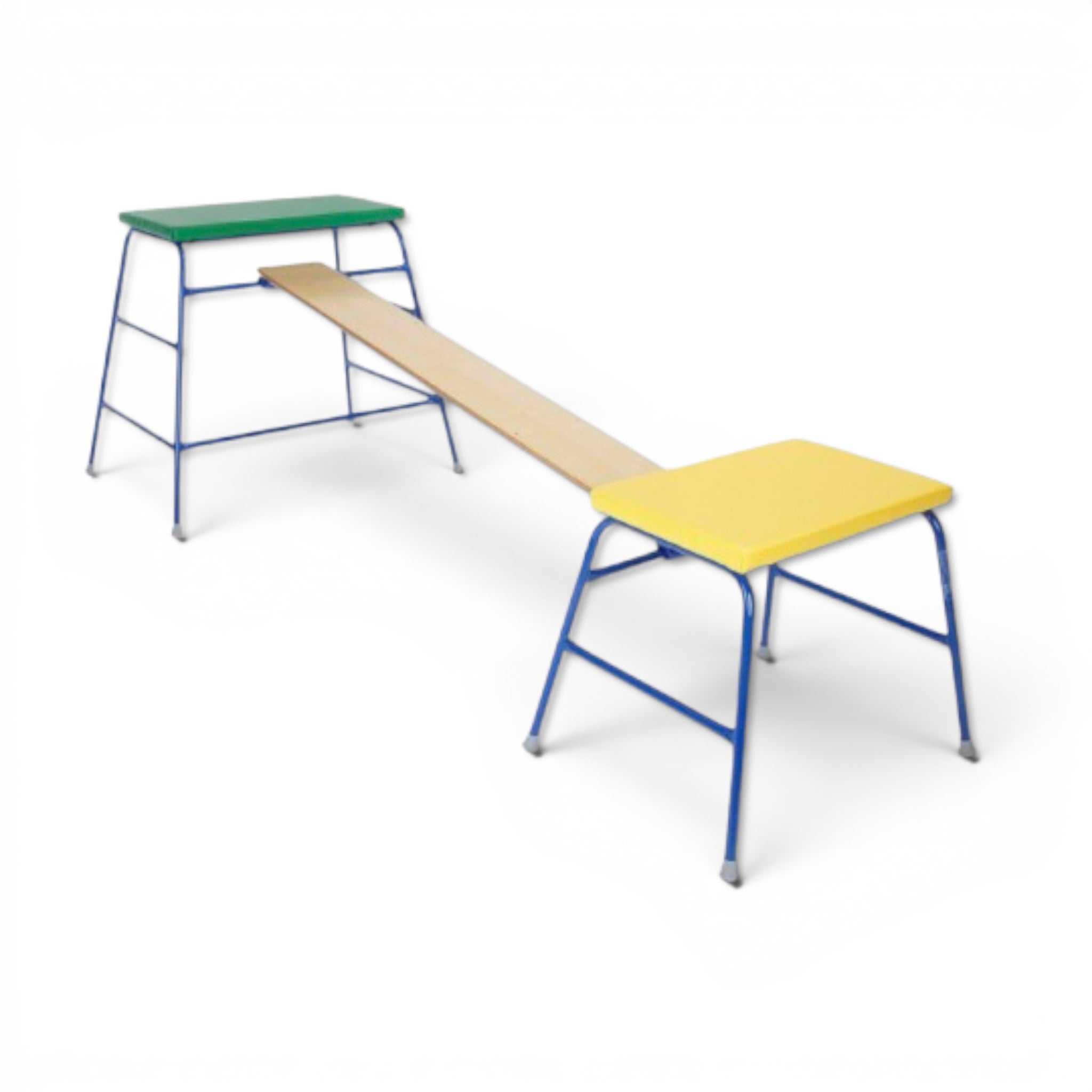 UK Gym Pits agility tables with green and yellow padded PVC tops and blue steel frames connected by a wooden bridge
