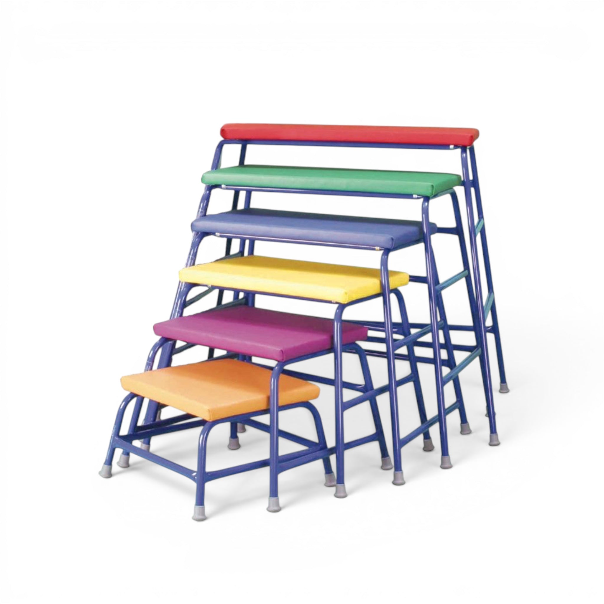 UK Gym Pits set of six colourful padded agility tables with blue steel frames and vinyl tops in various heights