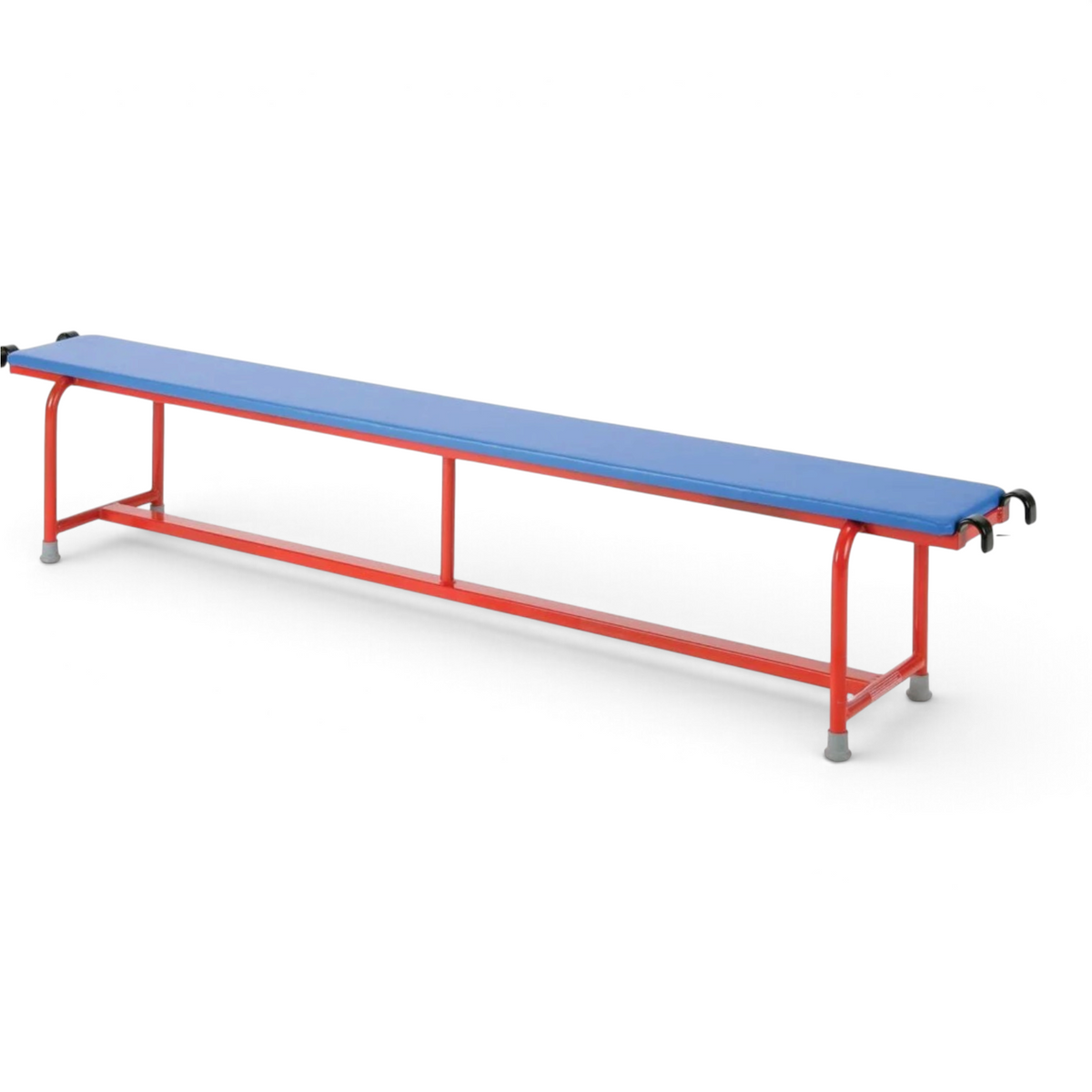 UK Gym Pits 2m padded balance bench with blue PVC top and red powder-coated steel frame with end hooks.