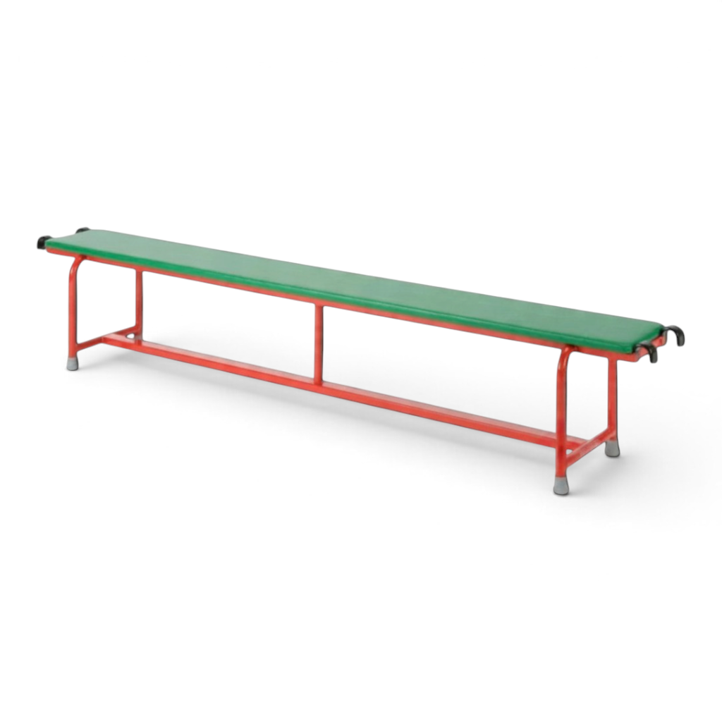 UK Gym Pits 2m balance bench with green padded PVC top and red powder-coated steel frame with anti-slip rubber feet.