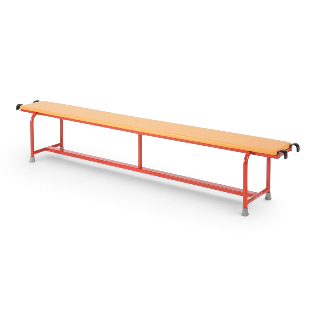 UK Gym Pits orange padded balance bench with red tubular steel frame and non-slip feet for school gymnastics.