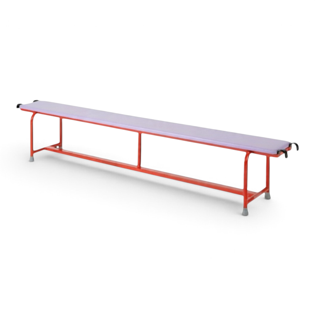 UK Gym Pits 2m padded balance bench with a red tubular steel frame and purple PVC top with integrated hooks.