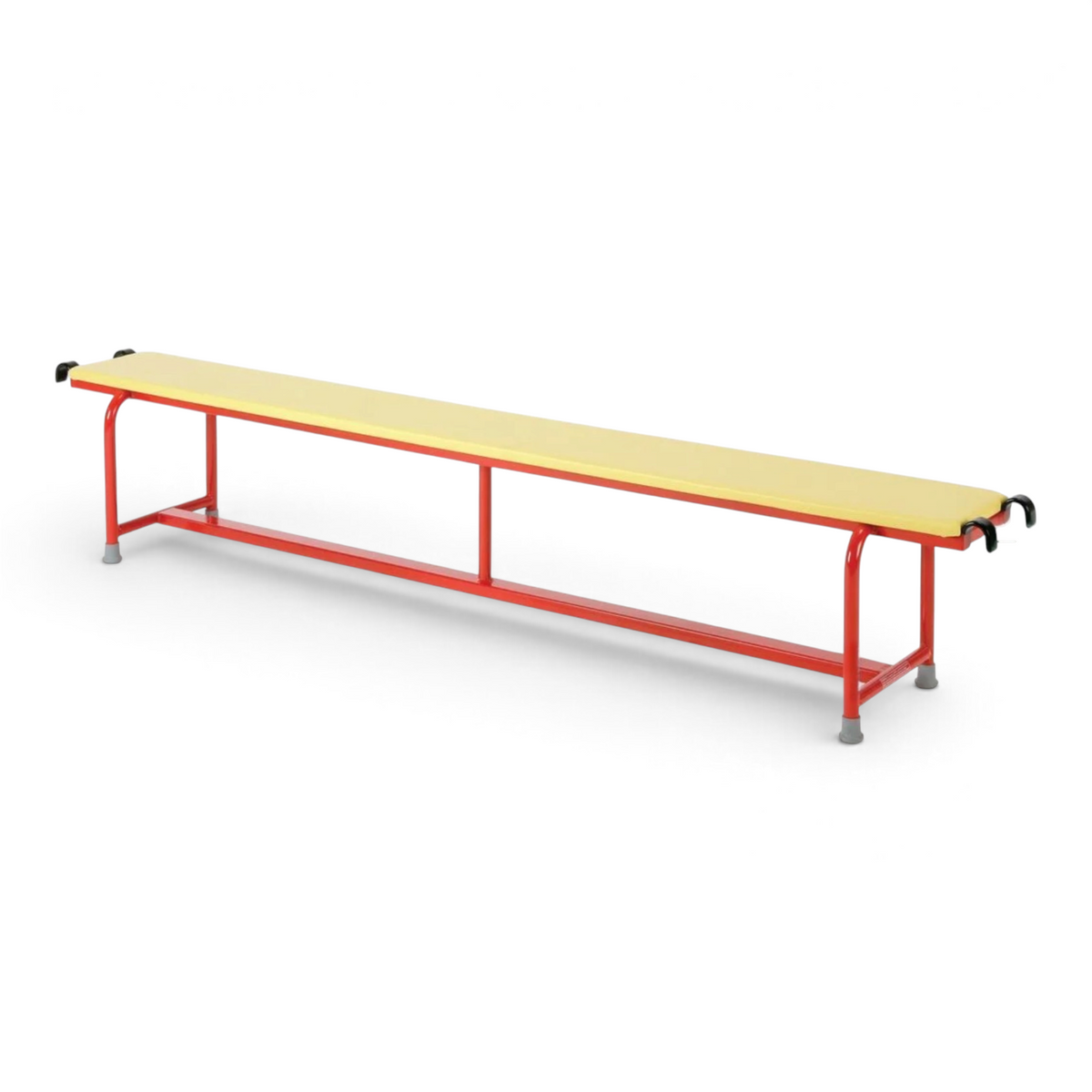 UK Gym Pits 2m padded balance bench with a yellow PVC top and red powder-coated steel frame for school gymnastics.