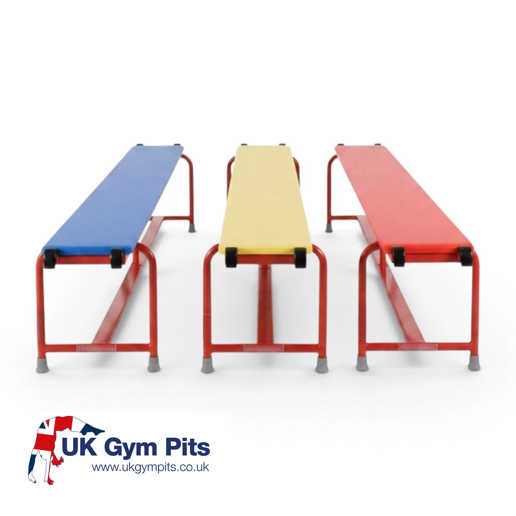 Three UK Gym Pits padded balance benches in blue, yellow, and red with powder coated steel frames and rubber feet.