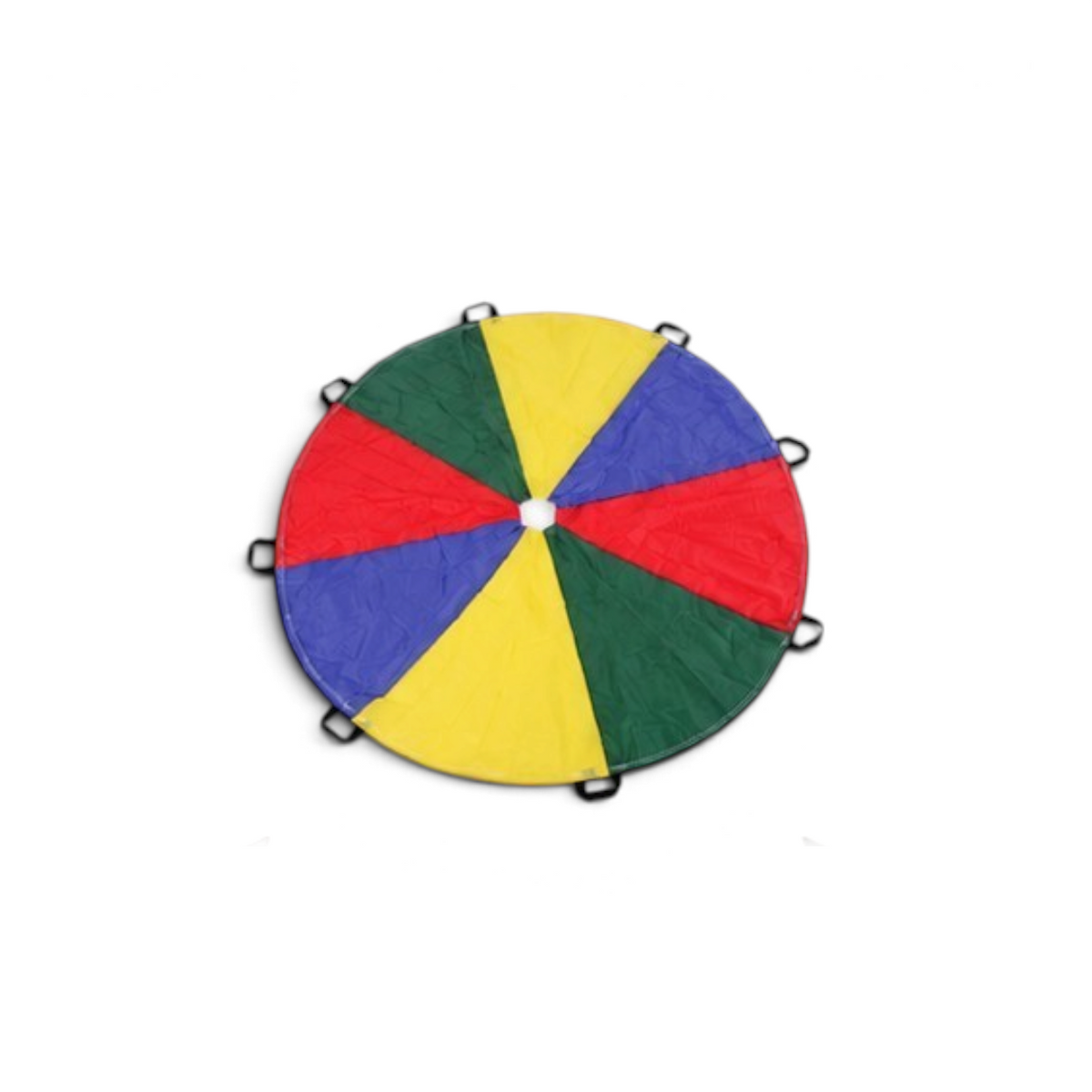 UK Gym Pits multi-coloured nylon play parachutes in various sizes with grab handles for group activities.
