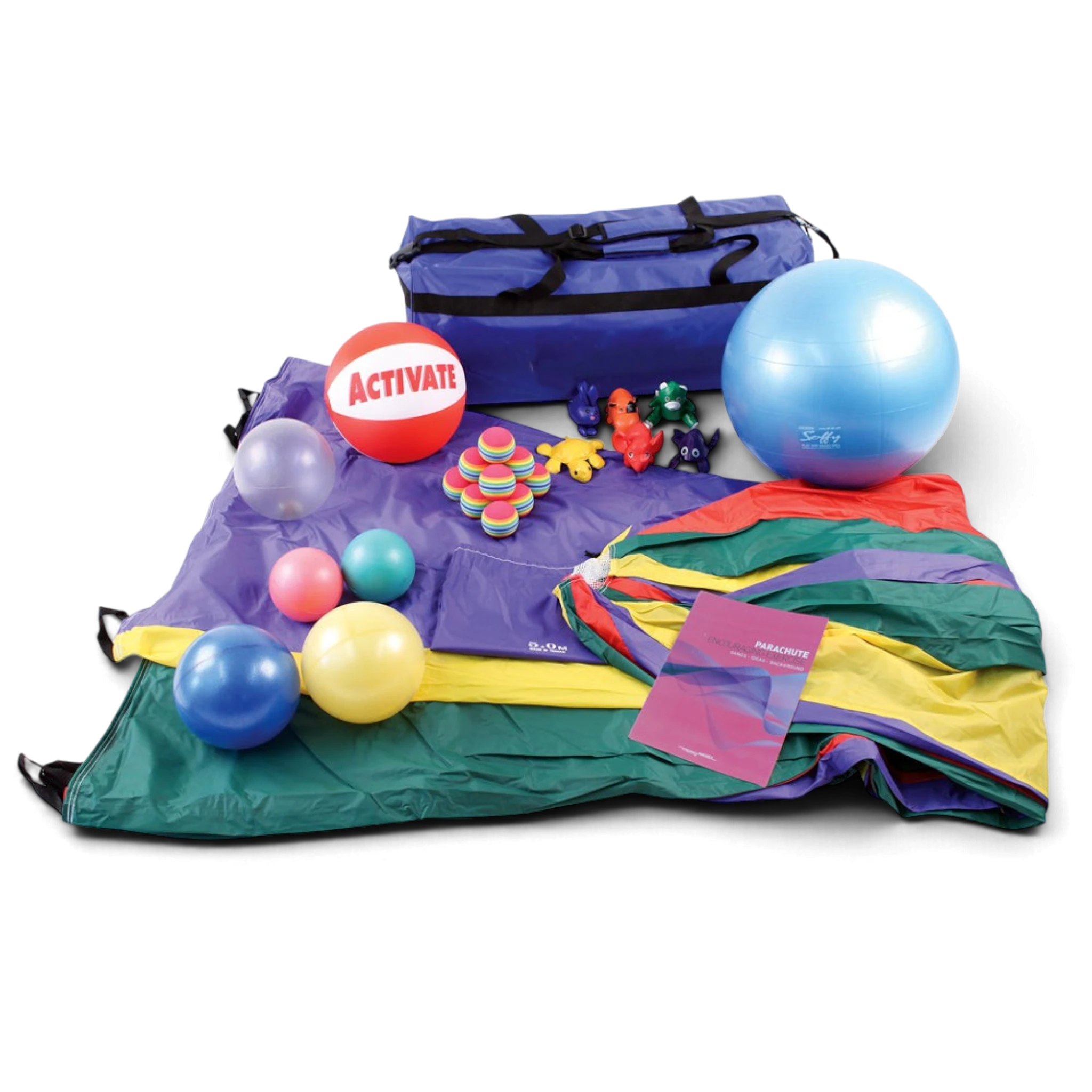 UK Gym Pits multi-coloured nylon parachute kit with play balls, bean bag animals, activity book, and storage holdall.