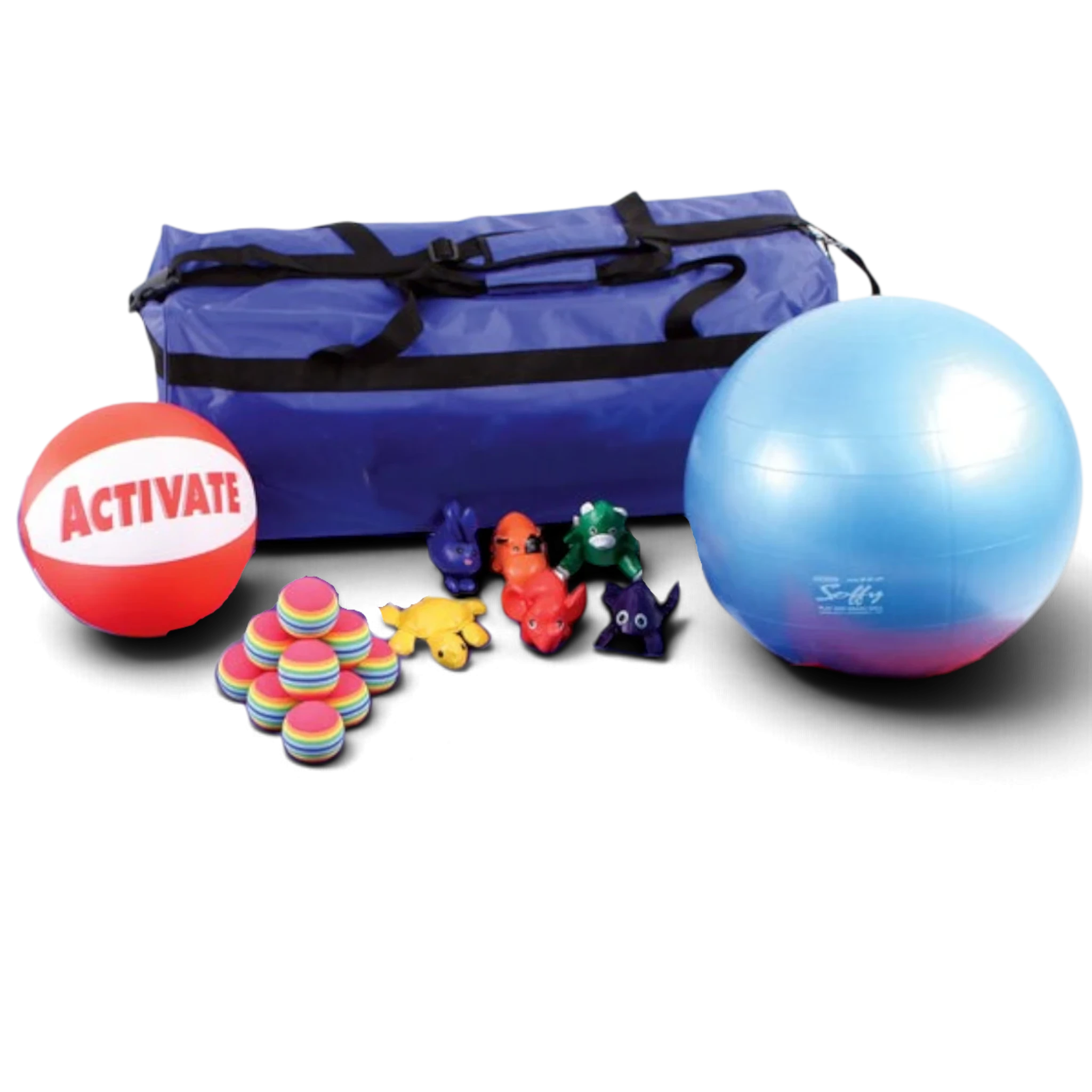 UK Gym Pits parachute kit accessories including balls, bean bag animals, and a blue storage holdall for group play.