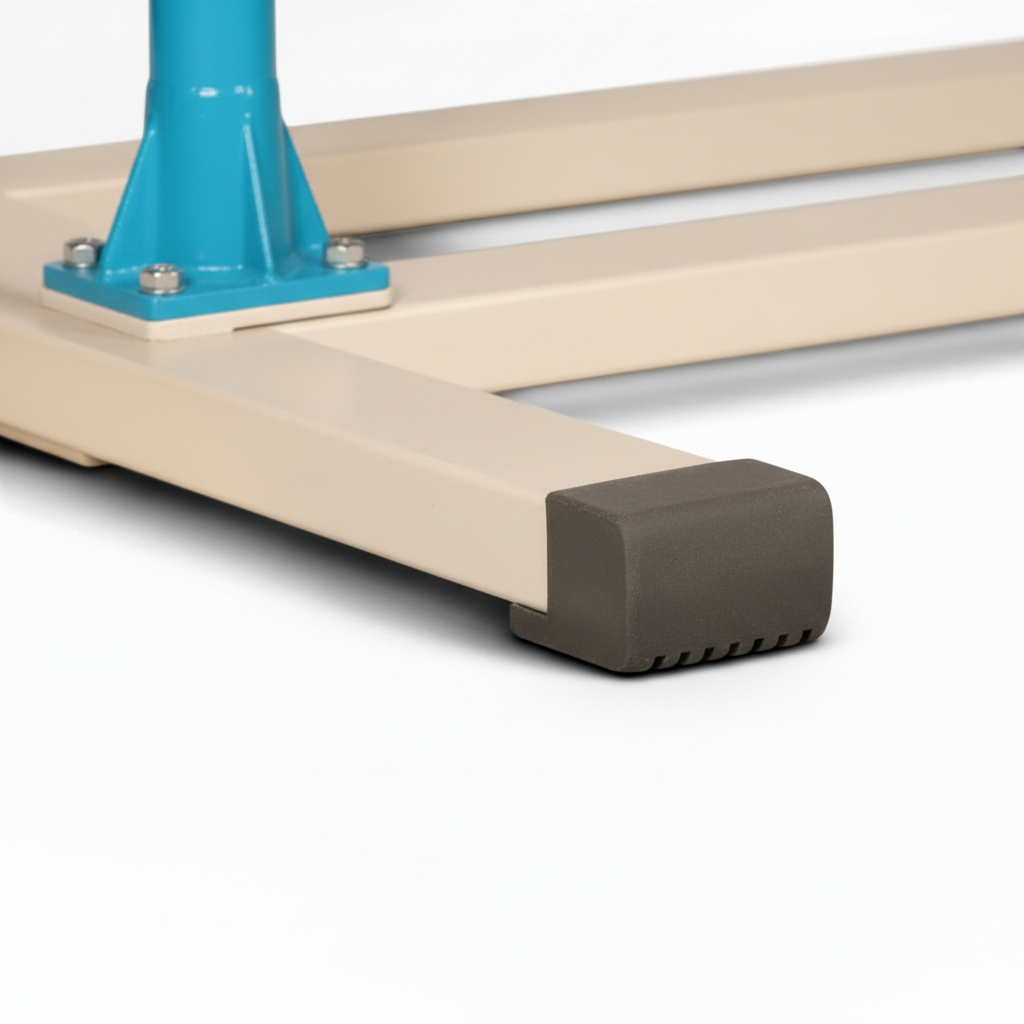 UK Gym Pits training parallel bars featuring a beige powder-coated steel base with a blue support and anti-slip foot.