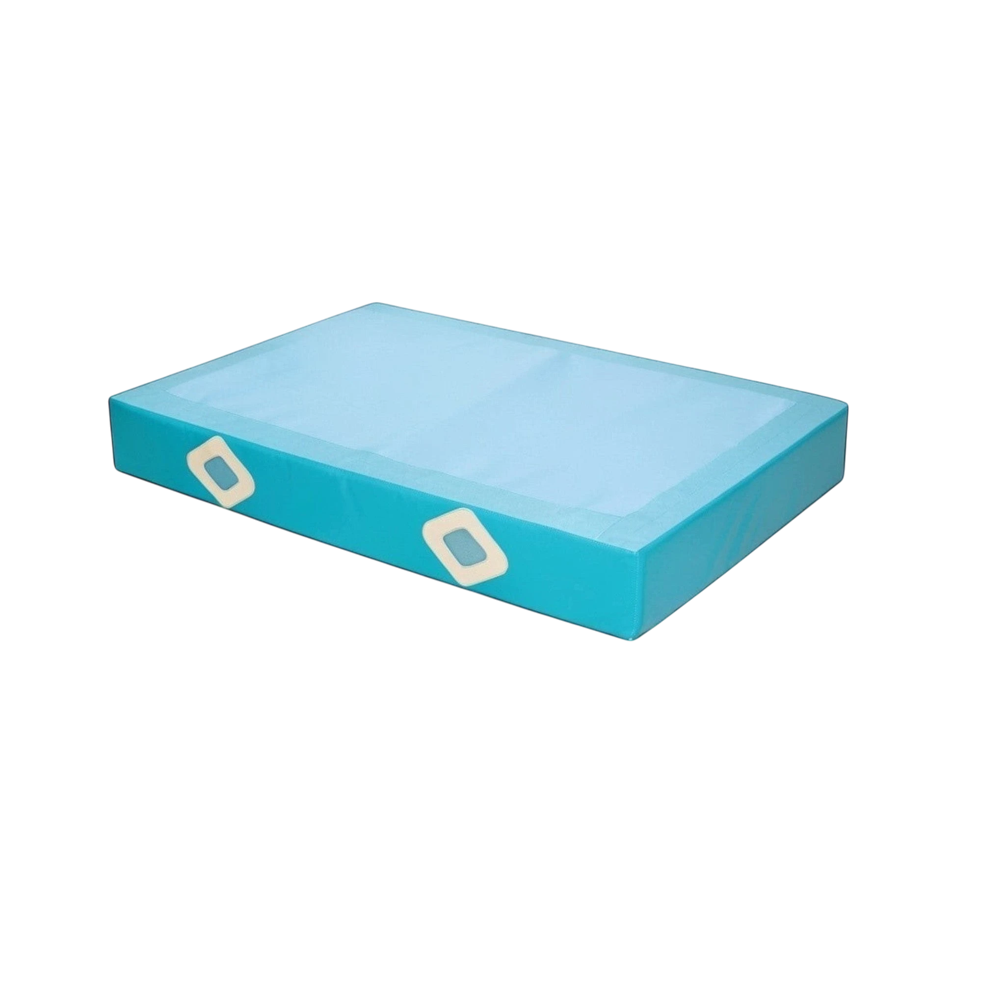 UK Gym Pits FIG approved blue parallel bars landing mat with reinforced corners and air mesh windows.