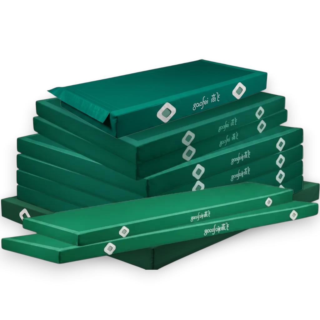 UK Gym Pits green FIG approved parallel bars landing mats stacked with Gaofei branding and air mesh windows.