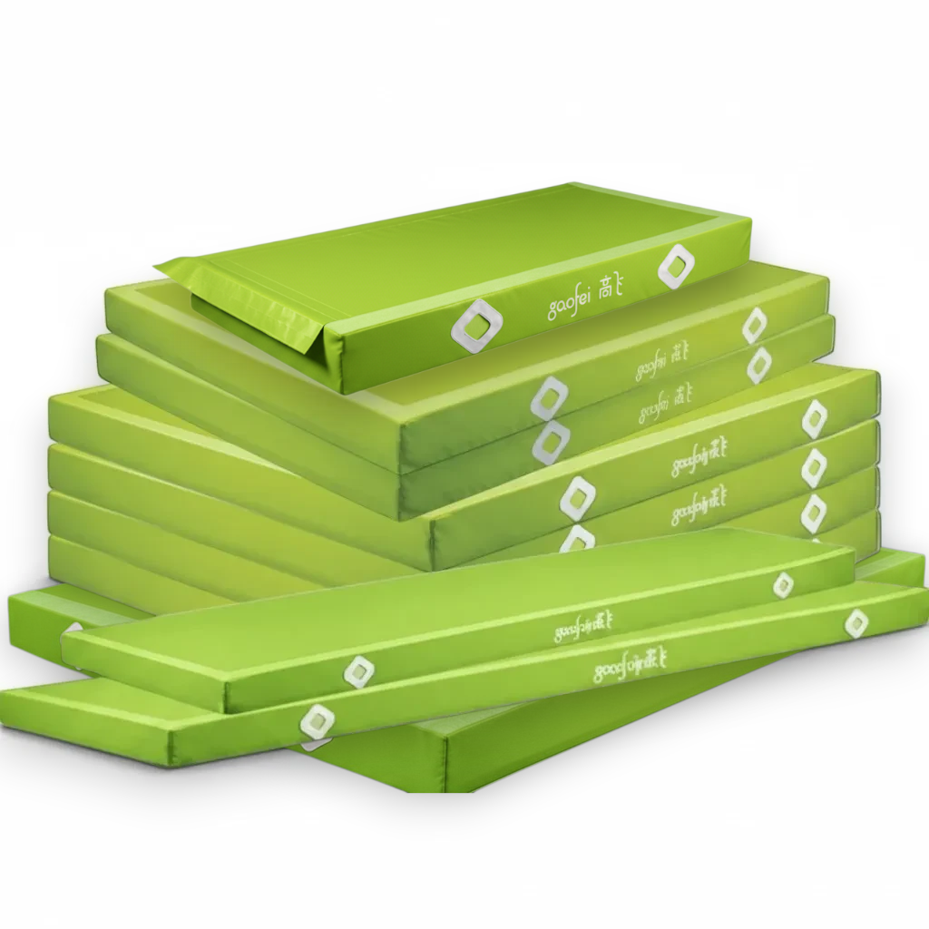 UK Gym Pits FIG approved green parallel bars landing mats stacked together with Gaofei branding and air mesh windows.