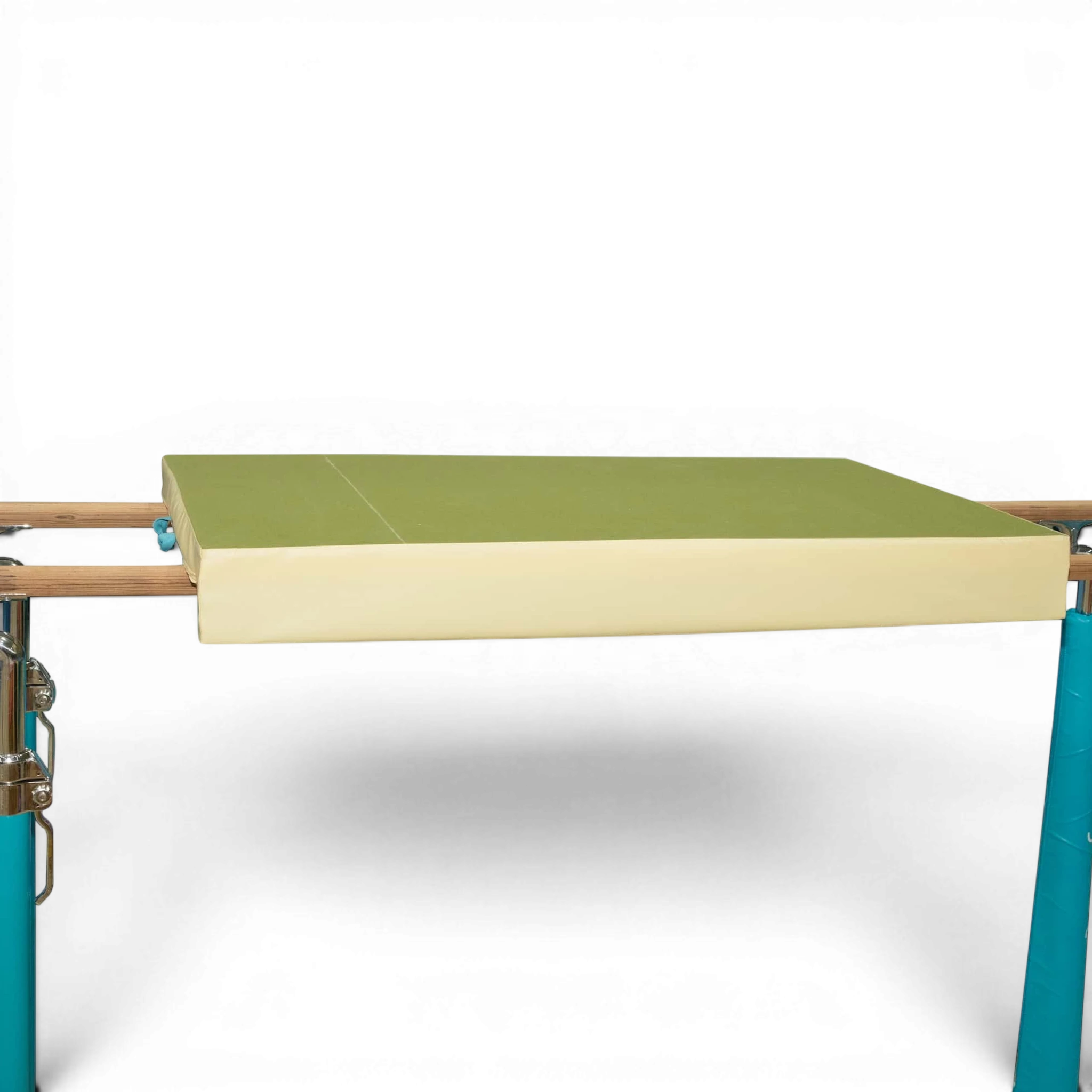 UK Gym Pits Gaofei U-shaped green and cream foam protection pad installed on parallel bars for gymnastics safety