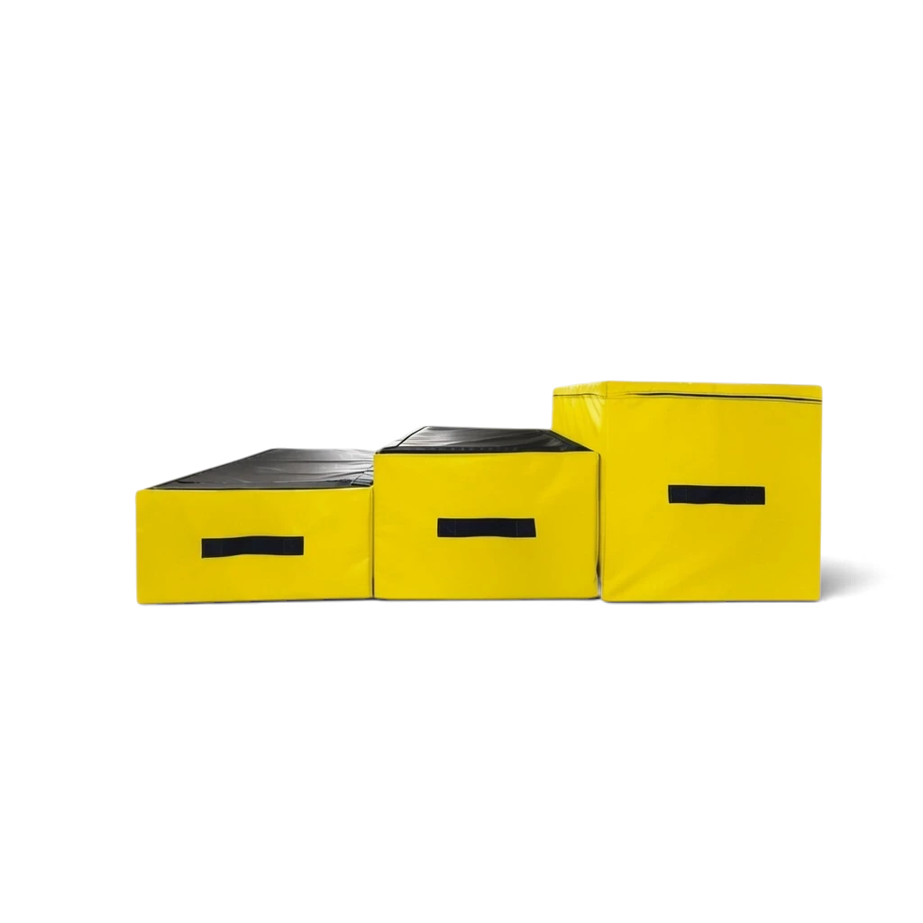 UK Gym Pits parkour jumping blocks set in black and yellow with carry handles and non-slip base for gym training