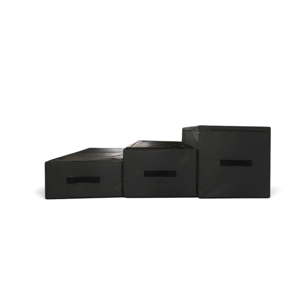 UK Gym Pits parkour jumping blocks in black PVC with carry handles arranged as a set of three different heights