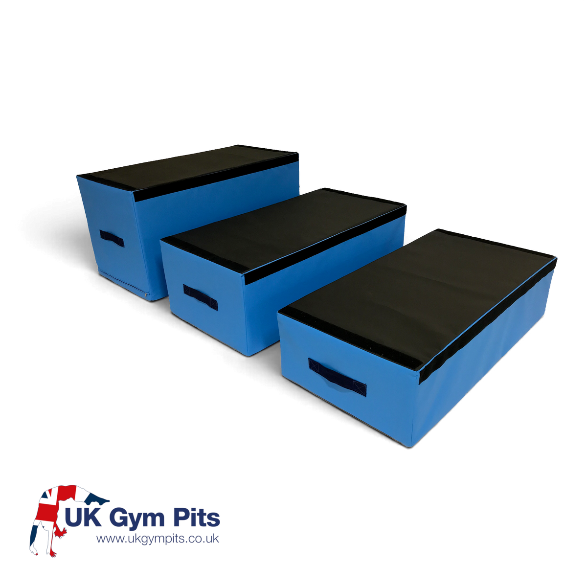 UK Gym Pits parkour jumping blocks set in blue and black with carry handles and non-slip PVC surface for gym training