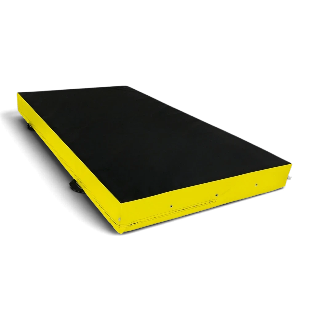 UK Gym Pits black and yellow parkour landing mat with high-density foam and corner toggles for joining mats.