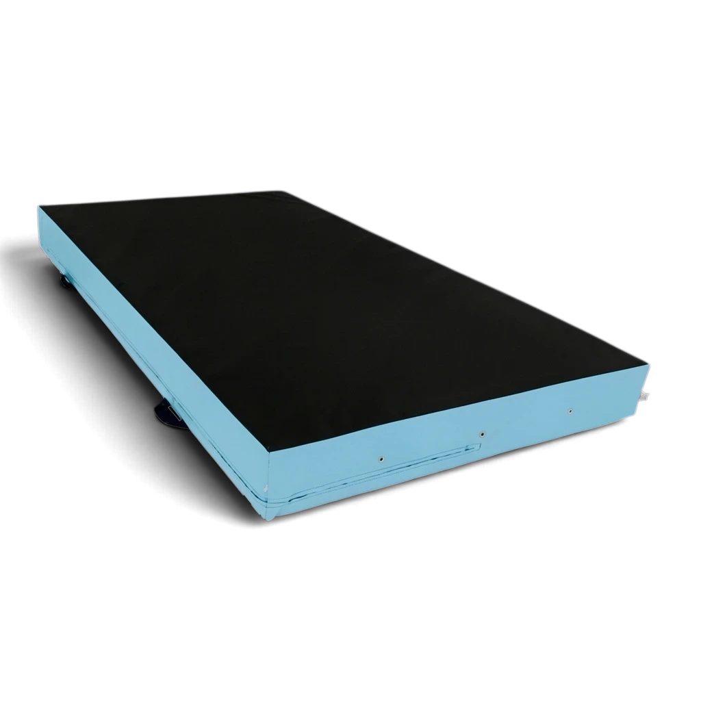 UK Gym Pits black and light blue parkour landing mat with corner toggles and carry handles for gymnastics safety.