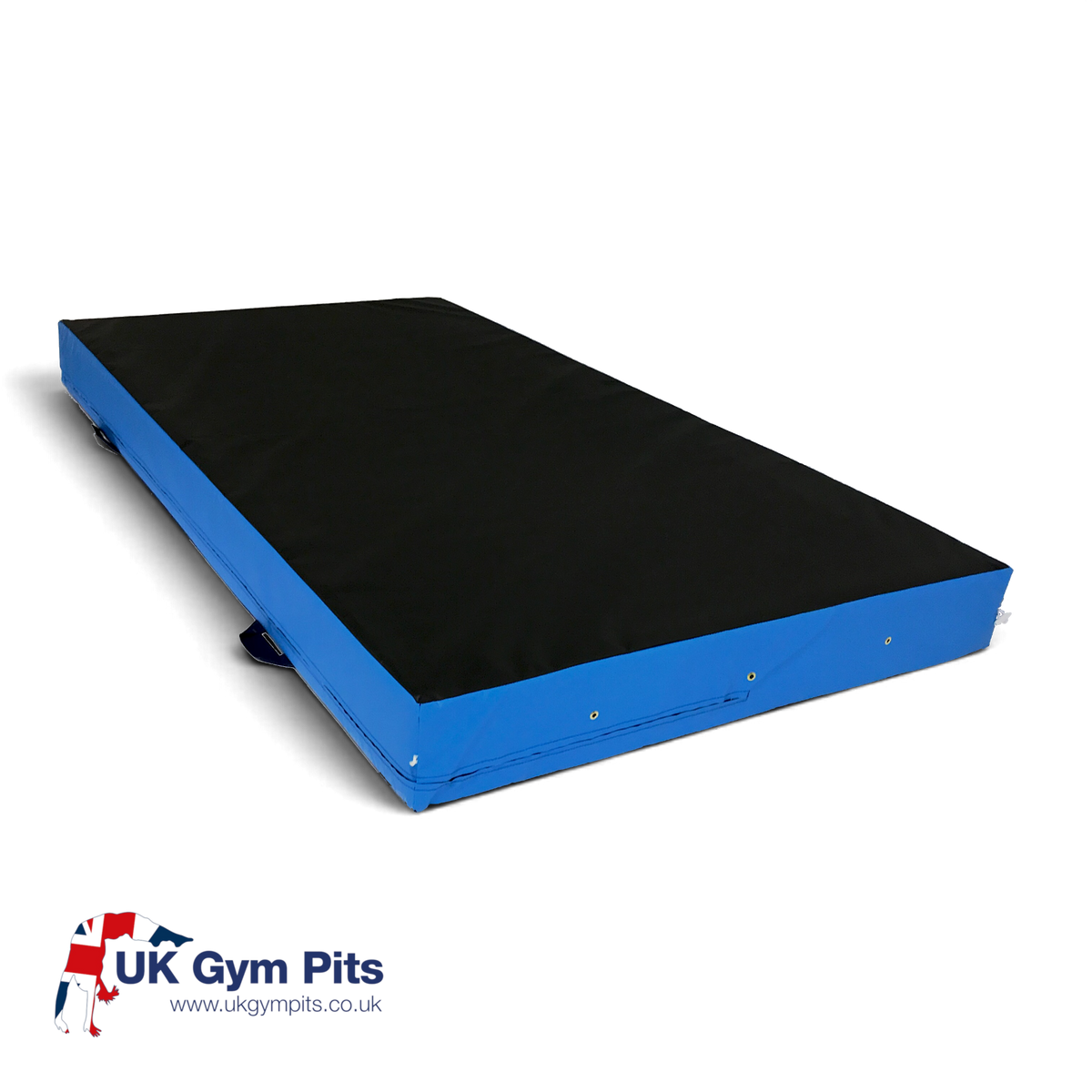 UK Gym Pits parkour landing mat with a black top and blue sides, featuring corner toggles and carry handles.