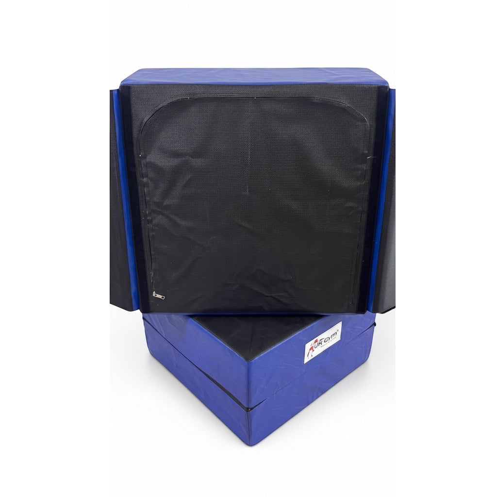 UK Gym Pits parkour stepping blocks in black and royal blue PVC with Velcro connectors for gym obstacle courses.