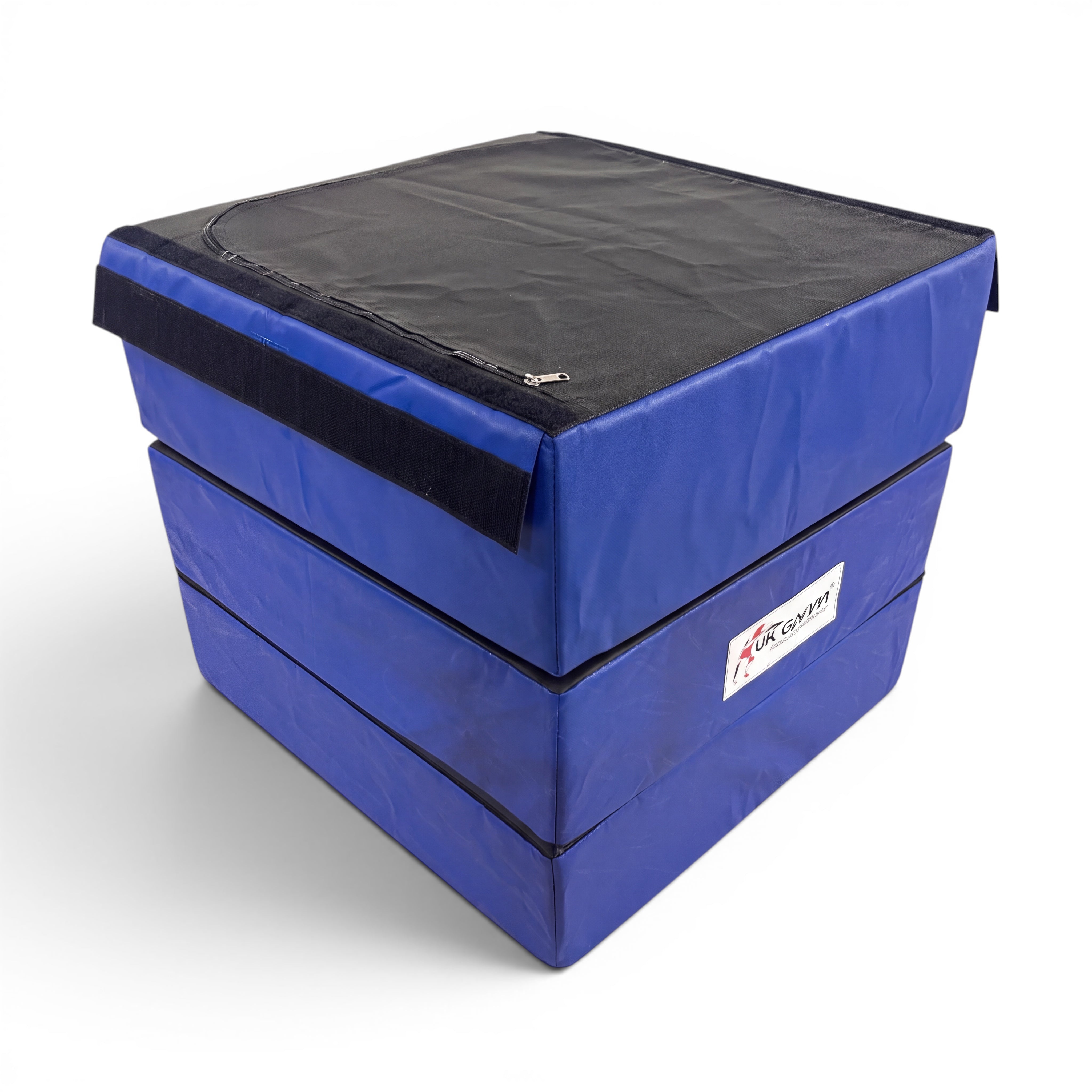 UK Gym Pits parkour stepping blocks set of three in black and royal blue PVC with Velcro connectors and carry handles.