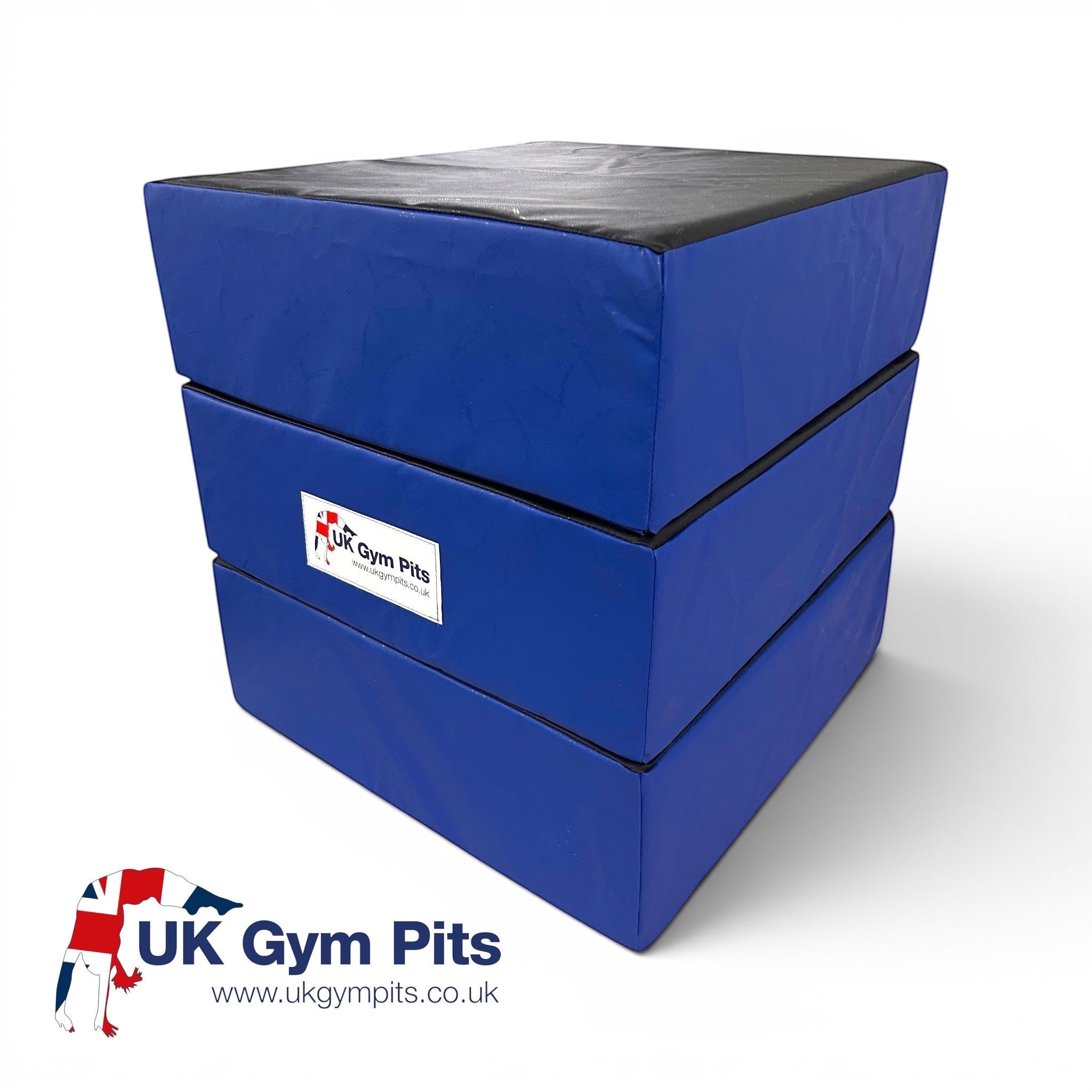 UK Gym Pits set of three black and royal blue parkour stepping blocks made of high-density foam with PVC covers.
