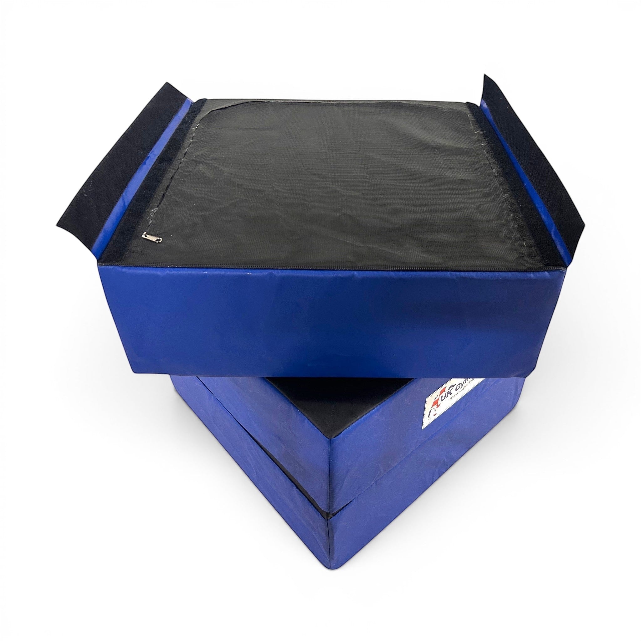 UK Gym Pits parkour stepping blocks in black and royal blue PVC with Velcro connectors for gym obstacle training.