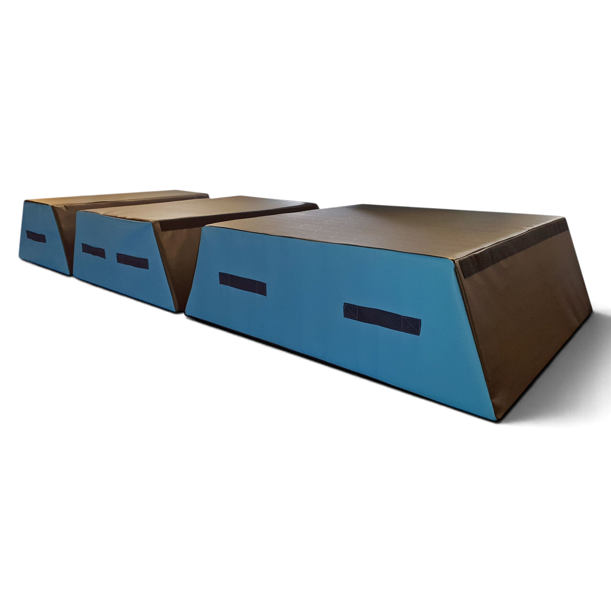 UK Gym Pits 3-section parkour vault box with black top and blue sides, made of durable PVC and high-density foam.