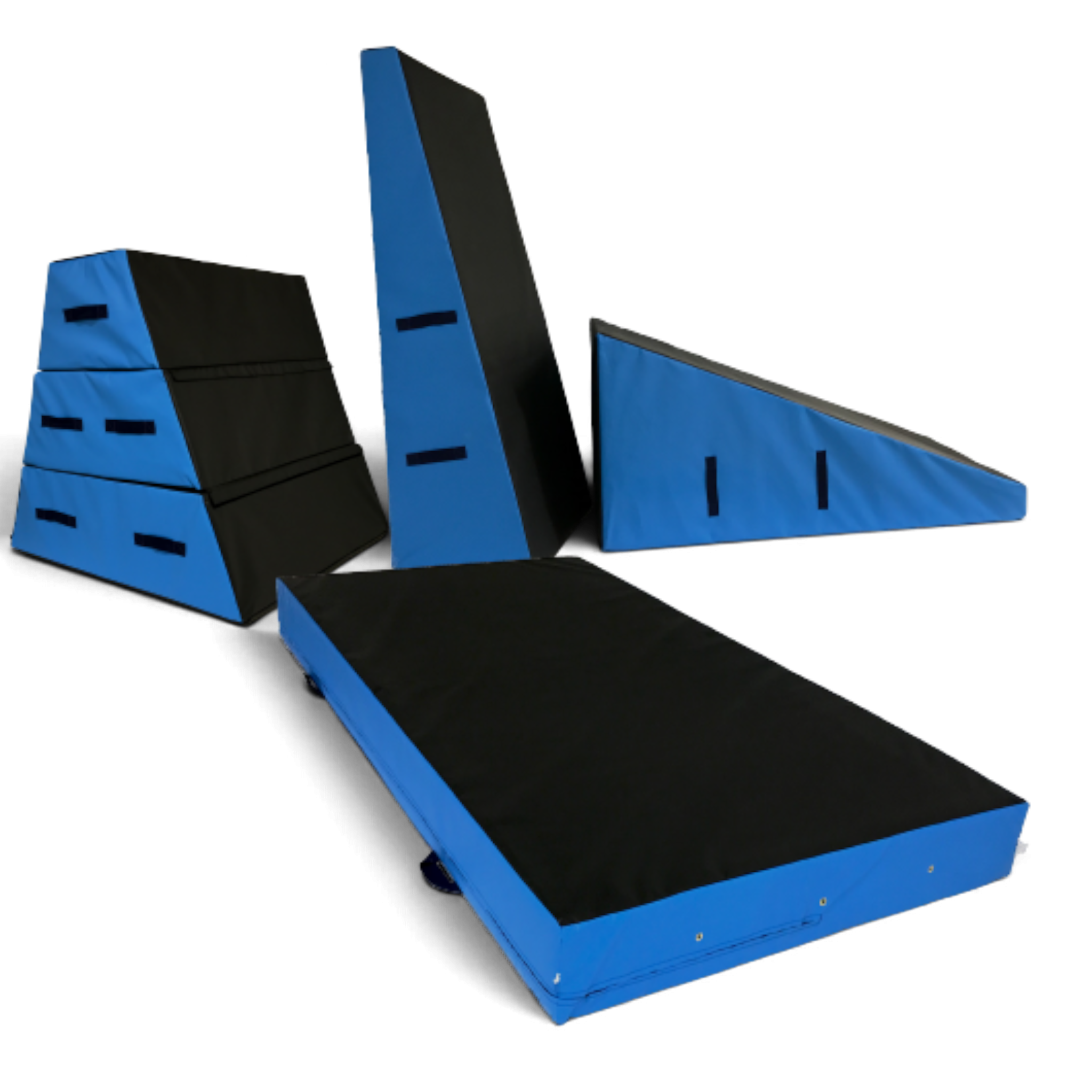 UK Gym Pits 3 section parkour vault box with blue and black PVC foam blocks for gymnastics and free running training.