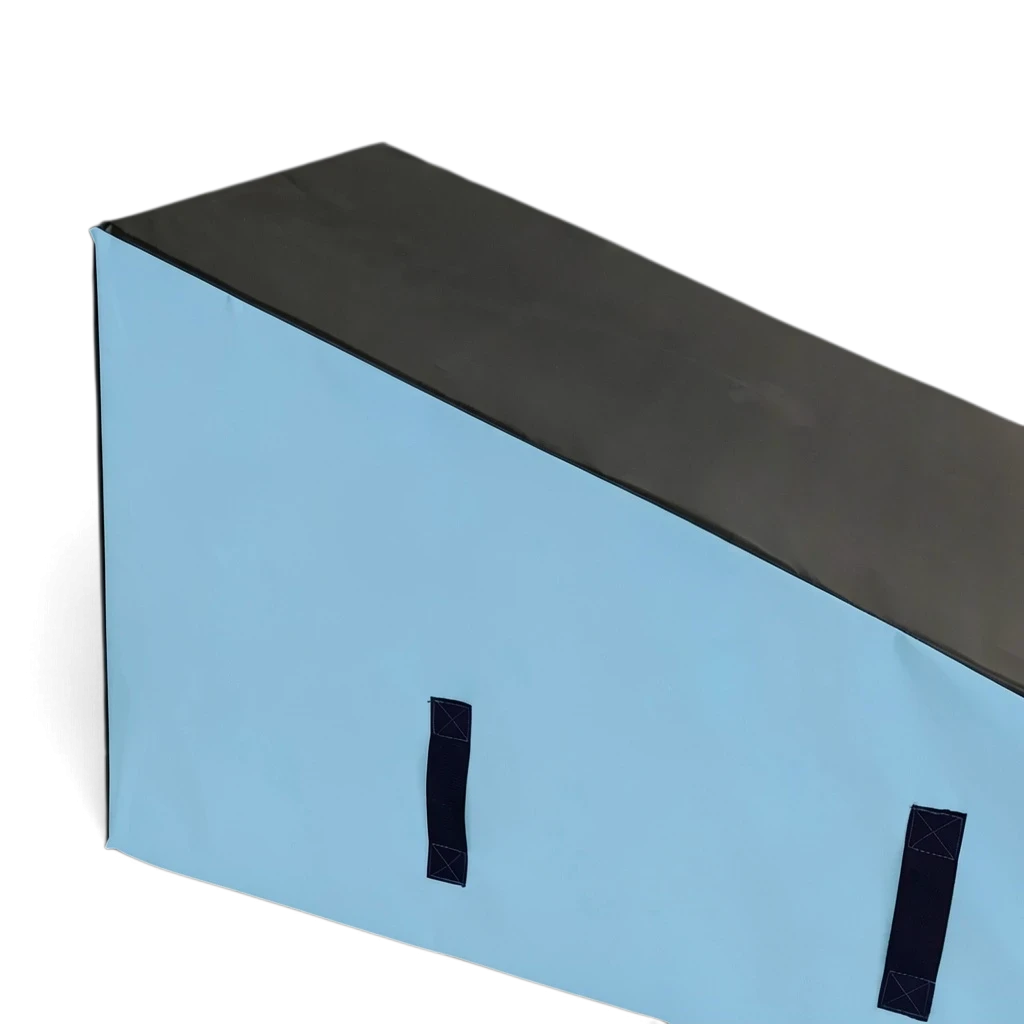 UK Gym Pits parkour wedge block in black and light blue with carry handles for freestyle gymnastics training
