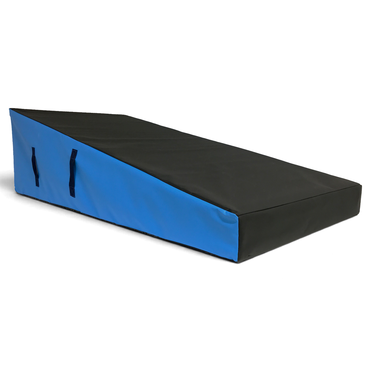 UK Gym Pits black and blue foam wedge block for parkour and freestyle gymnastics training with carry handles