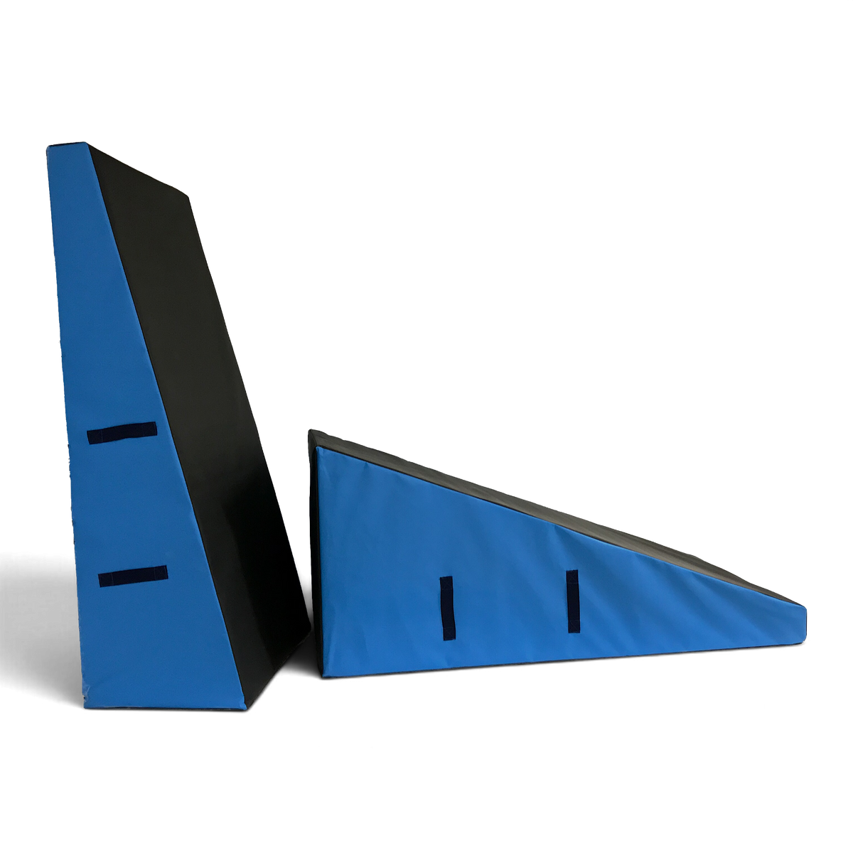 UK Gym Pits parkour wedge blocks in black and blue firm foam with carry handles for freestyle gymnastics training