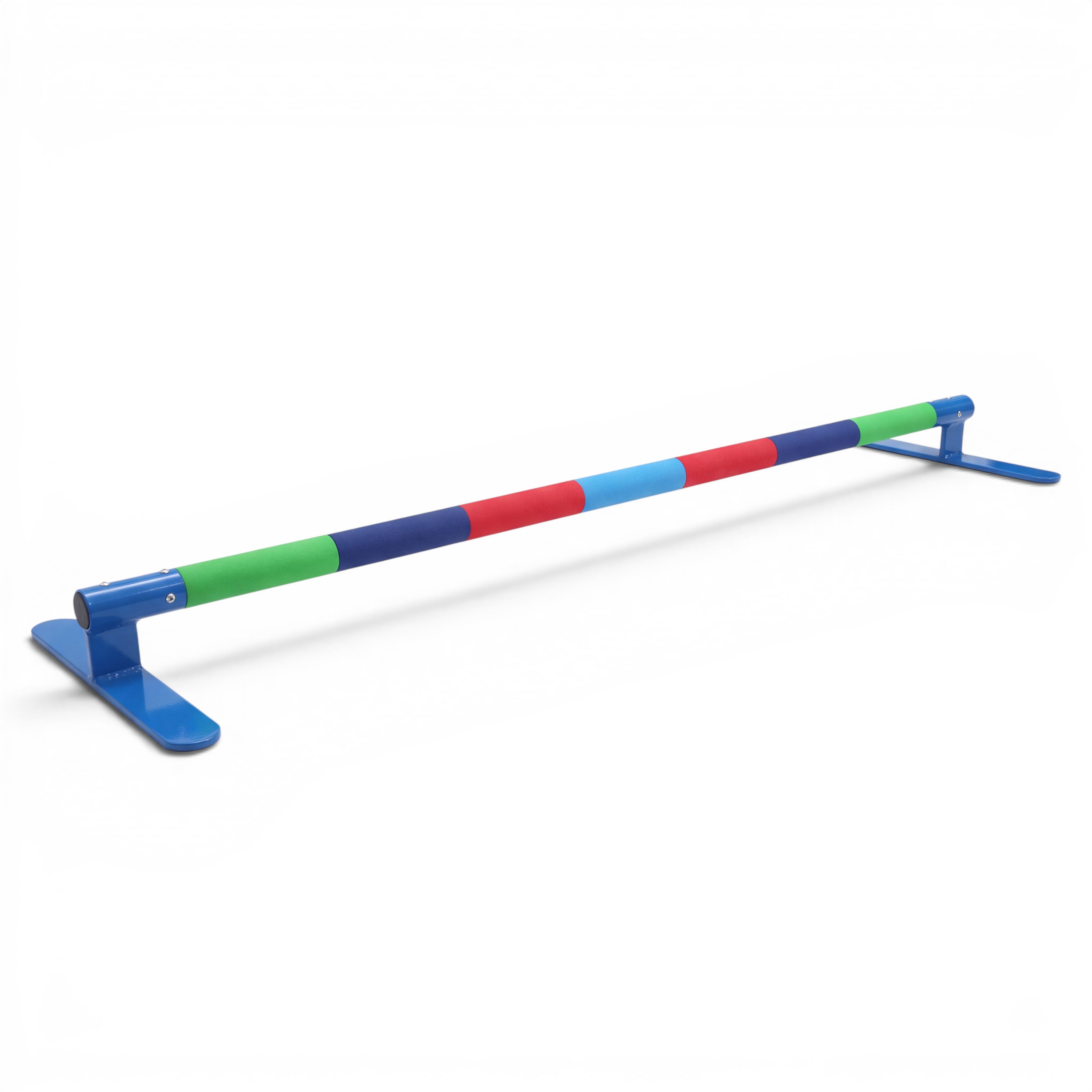 UK Gym Pits Perfect Placement gymnastics floor bar with multi-coloured rubberised segments on a steel tube frame.