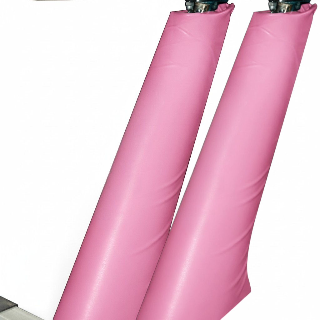 UK Gym Pits pink PVC vinyl safety padding wrapped around a gymnastics beam leg for impact protection