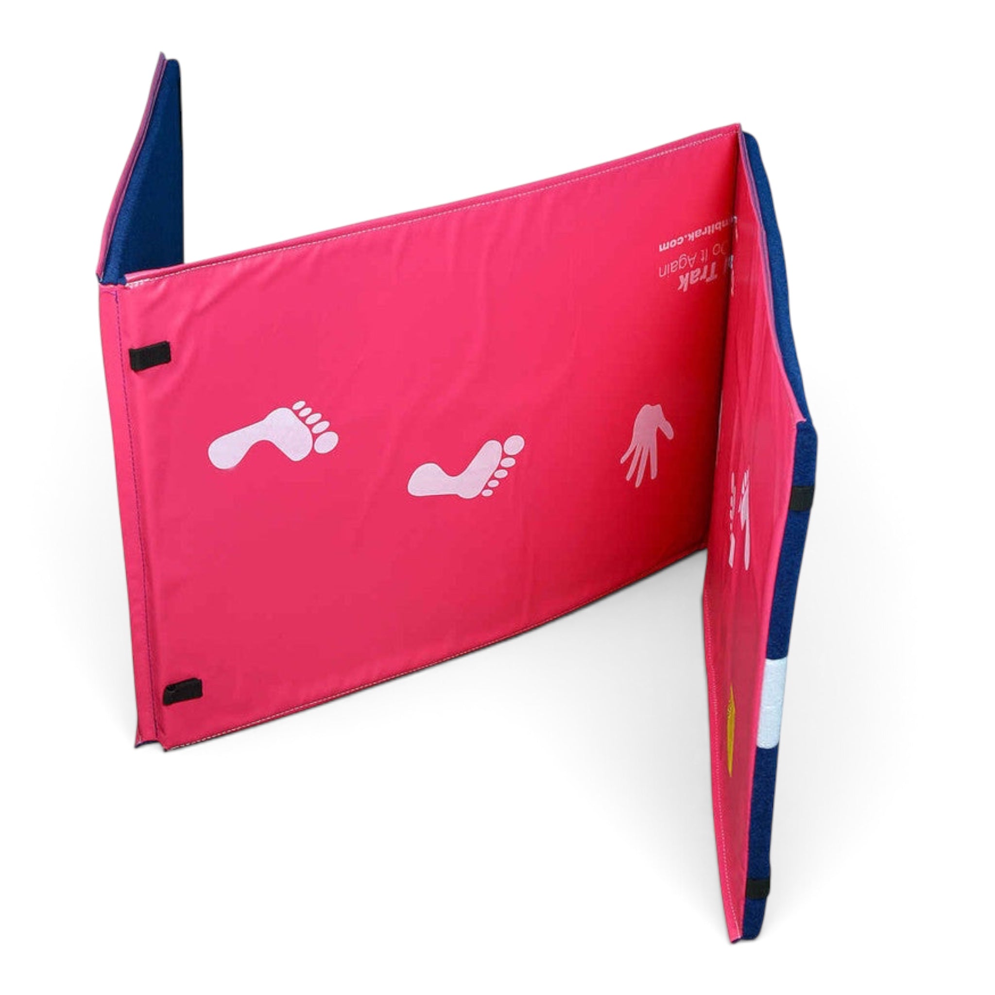 UK Gym Pits pink vinyl cartwheel mat with white hand and foot prints for gymnastics training