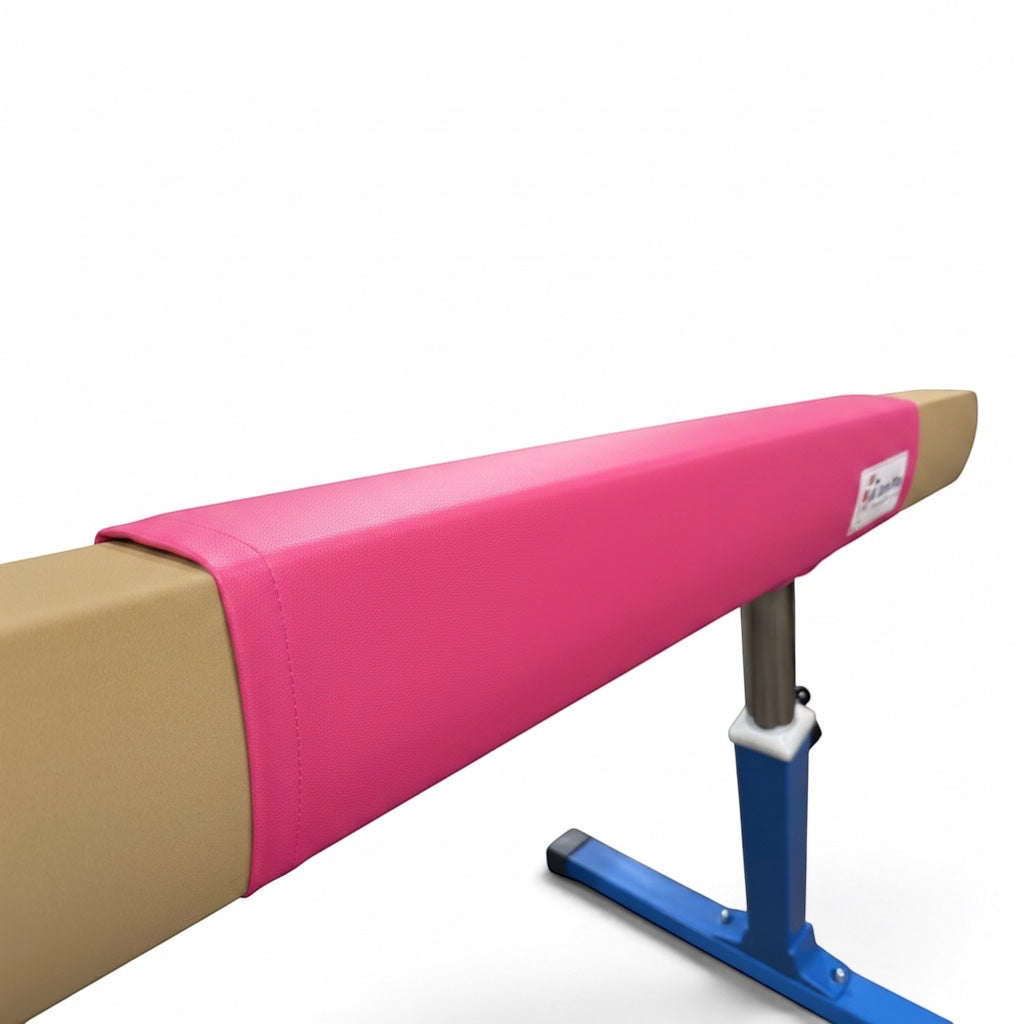 UK Gym Pits pink cushioned gymnastics beam mat with anti-slip faux leather surface and secure Velcro tabs