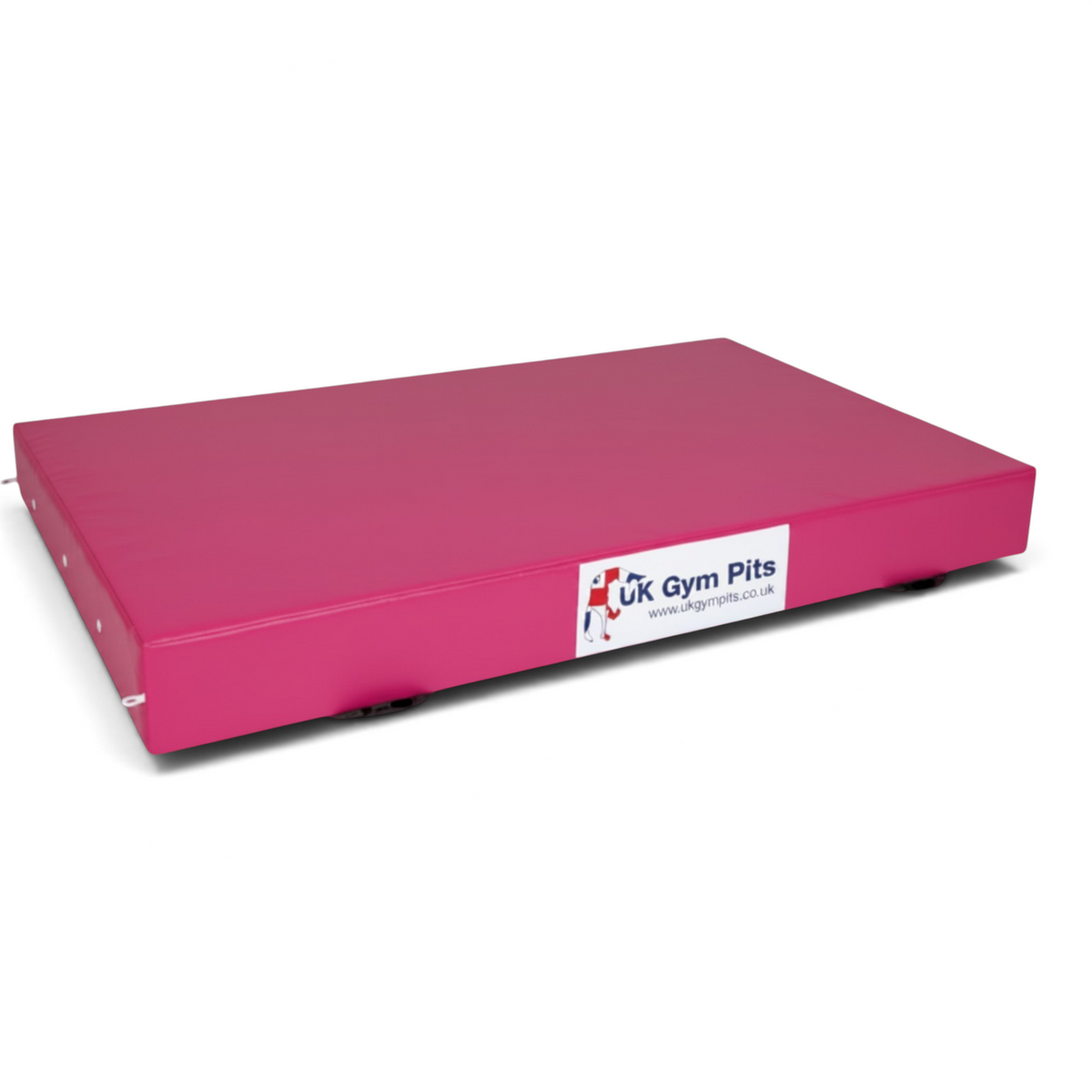 UK Gym Pits pink crash mat with heavy-duty handles, breather holes, and anti-slip base for gymnastics and martial arts.