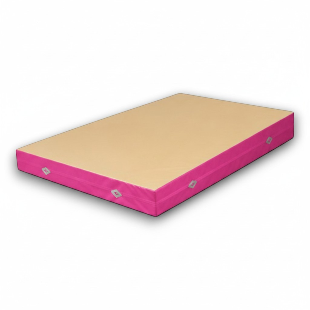 UK Gym Pits FIG approved soft topper landing mat with a beige jersey top and pink PVC sides for gymnastics training.