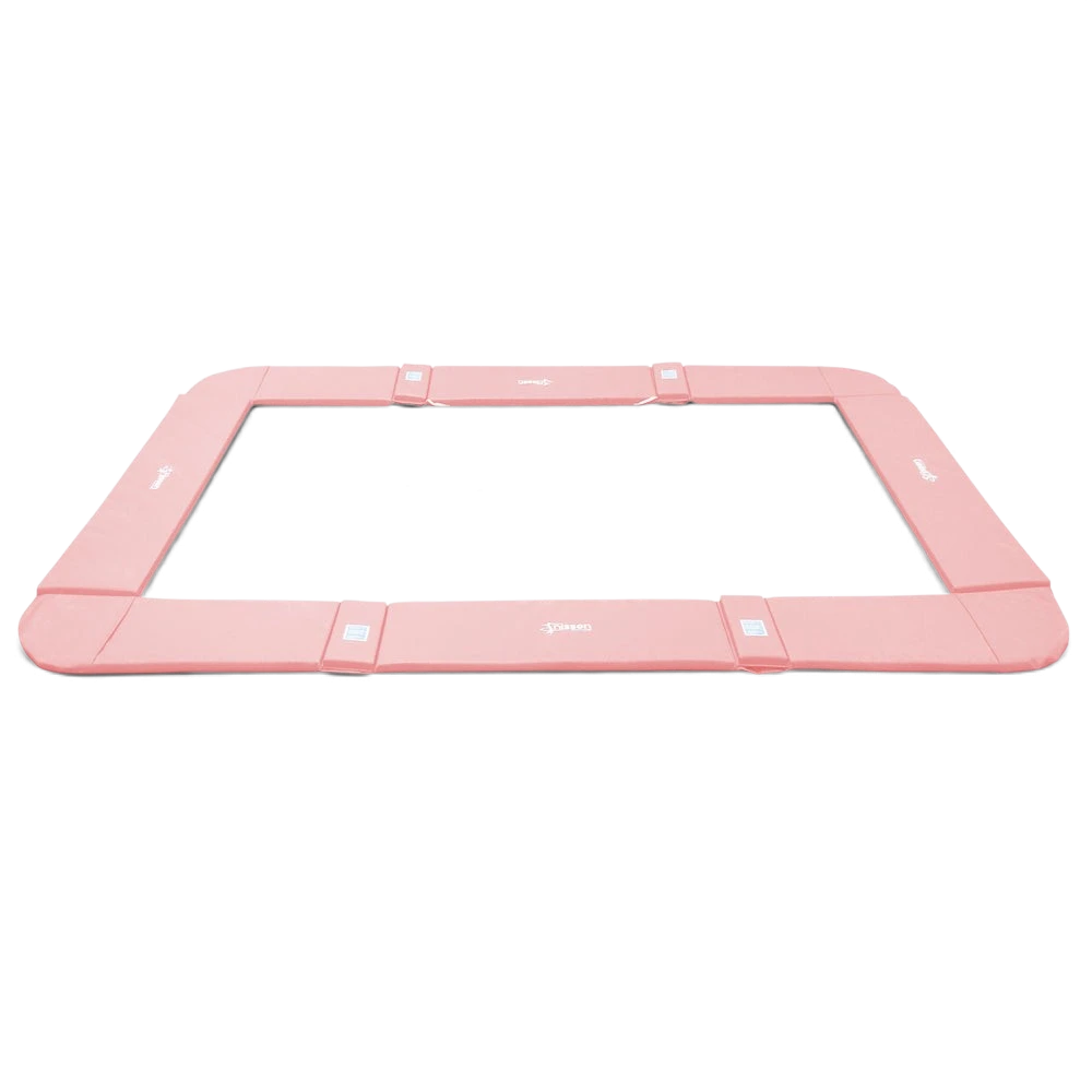 UK Gym Pits pink foam and PVC coverall frame pads for a junior trampoline with elasticated attachment straps