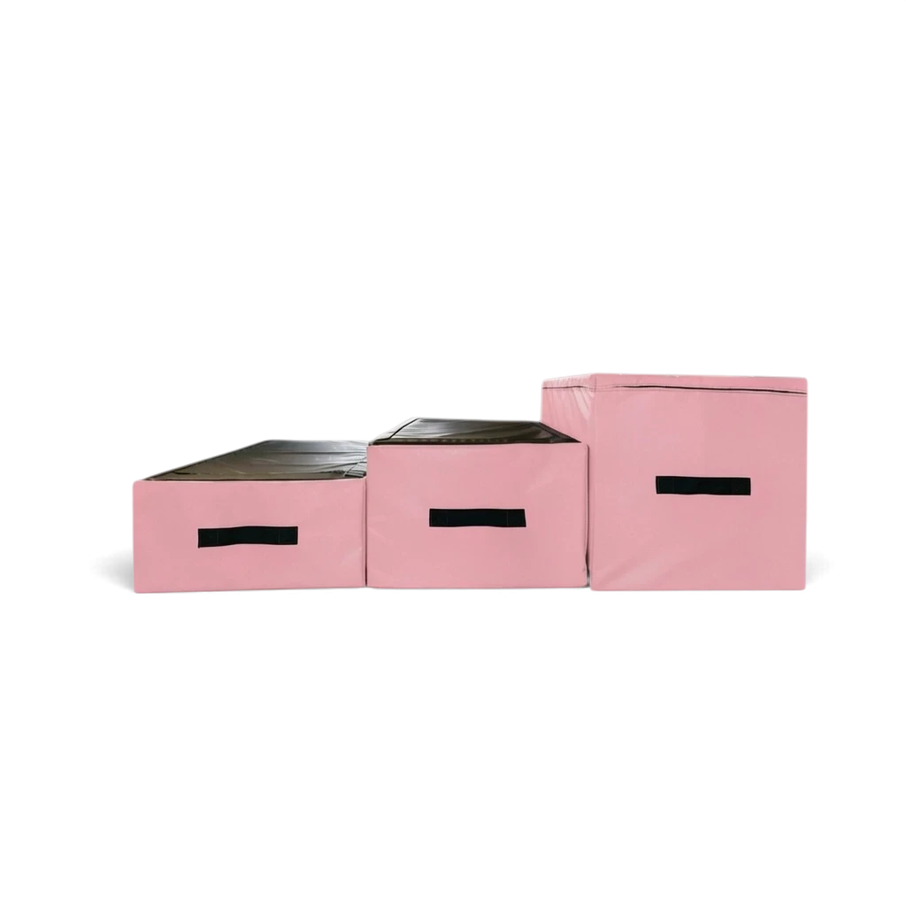 UK Gym Pits parkour jumping blocks in pink and black PVC with carry handles, arranged as a three-tier obstacle set.