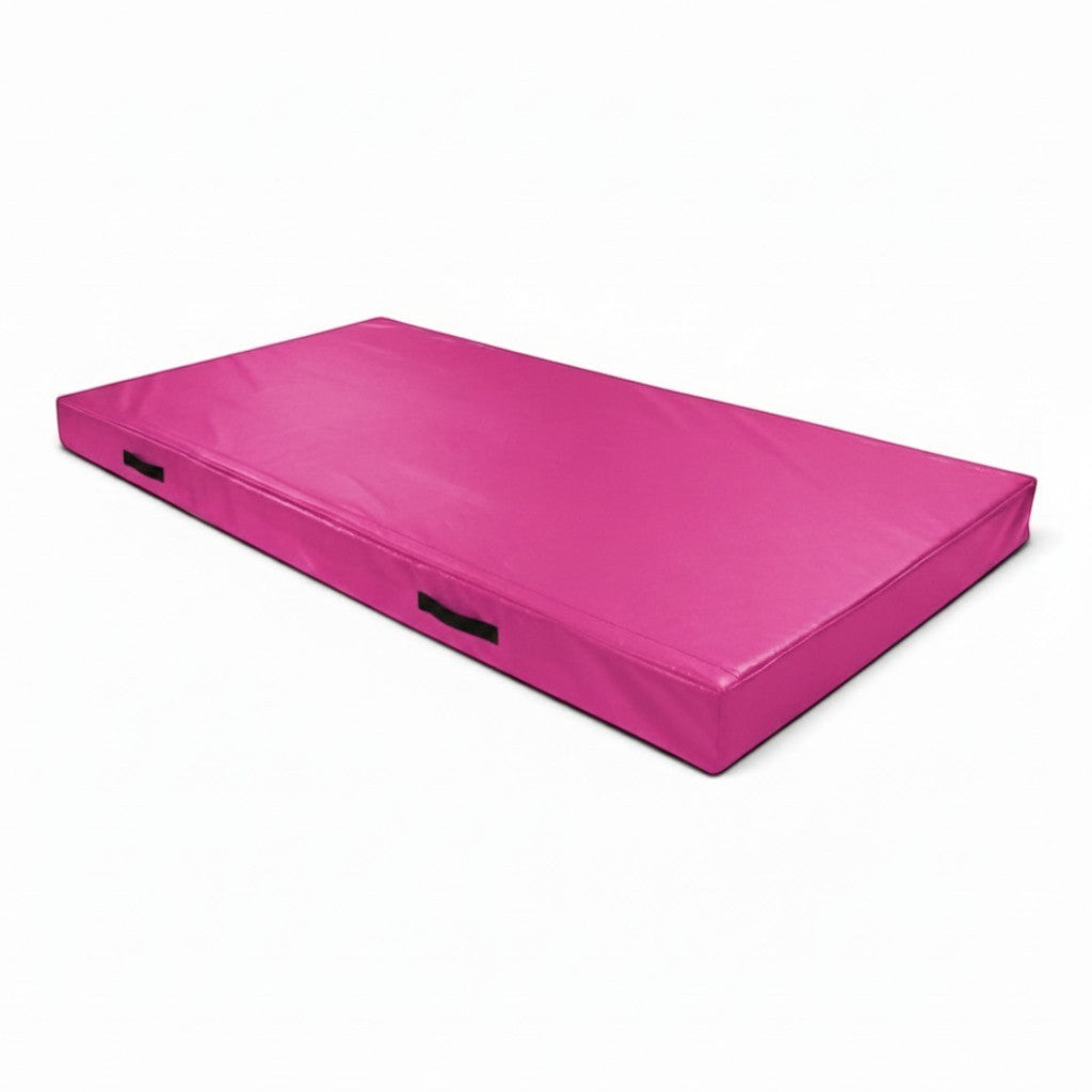 UK Gym Pits pink push-on safety mat with reinforced PVC cover and side carry handles for trampoline use
