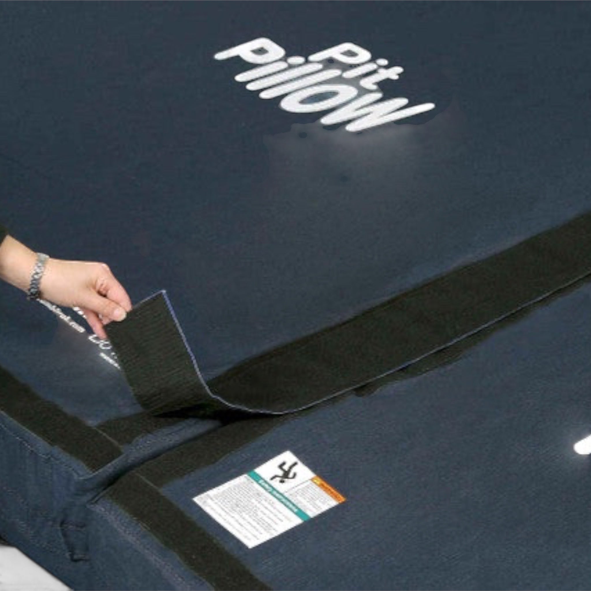 UK Gym Pits Pit Pillow landing mat with denim cover and hook and loop fasteners for connecting multiple mats