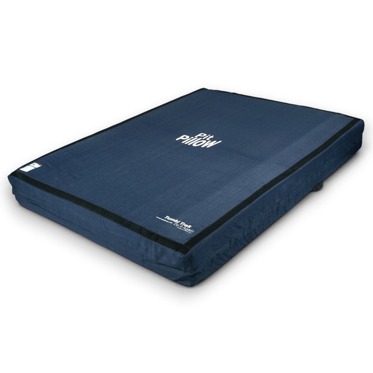 UK Gym Pits Pit Pillow landing mat in blue denim with white branding, featuring low-density foam for safe landings.
