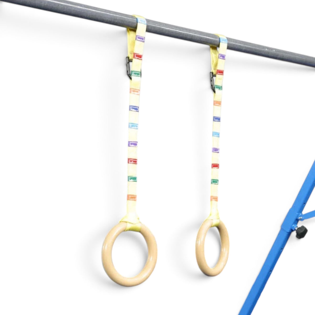 UK Gym Pits polycarbonate gymnastics rings hanging from a bar with colour-coded adjustable straps for strength training