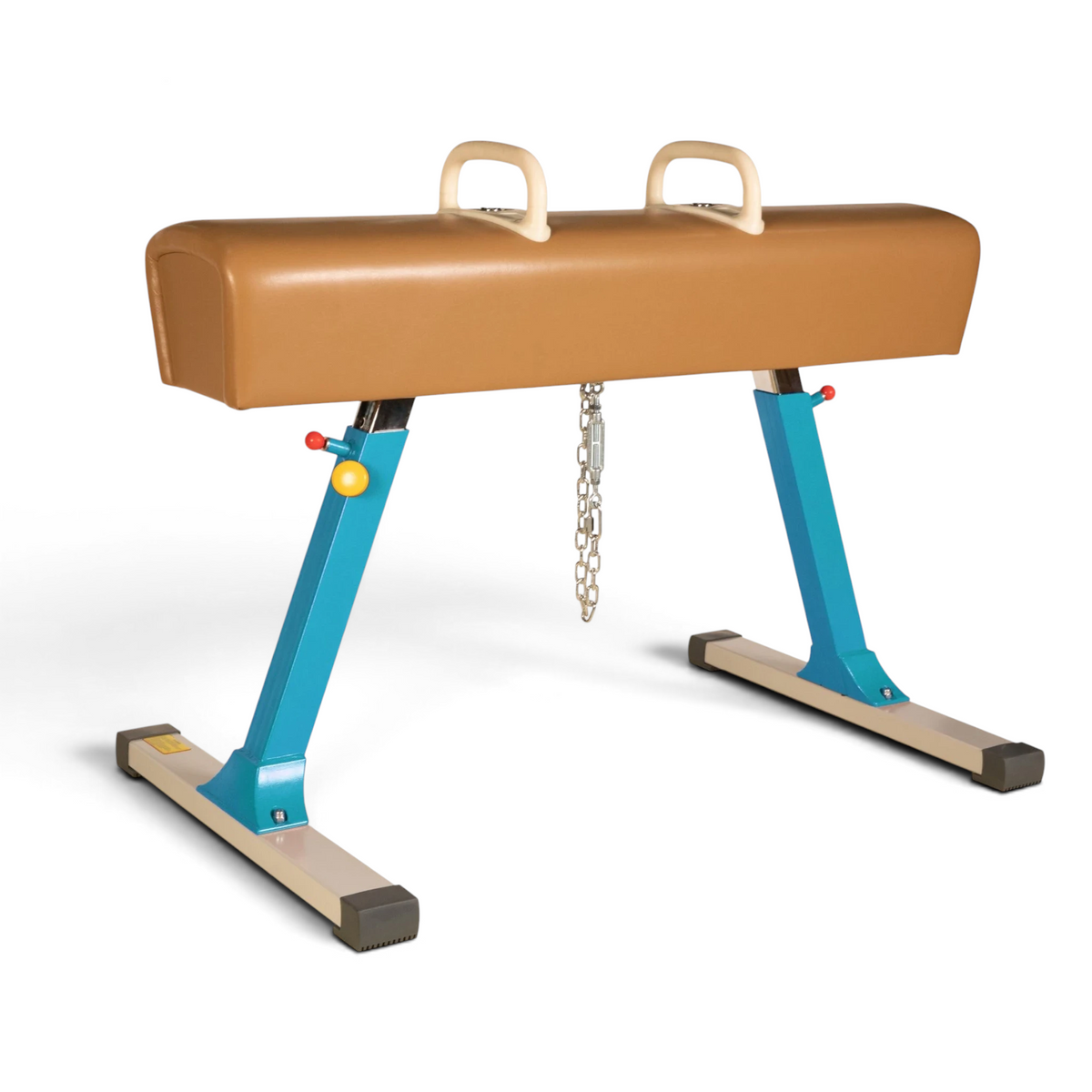 UK Gym Pits Gaofei pommel horse with a metal floor chain tension system attached to the underside for stability
