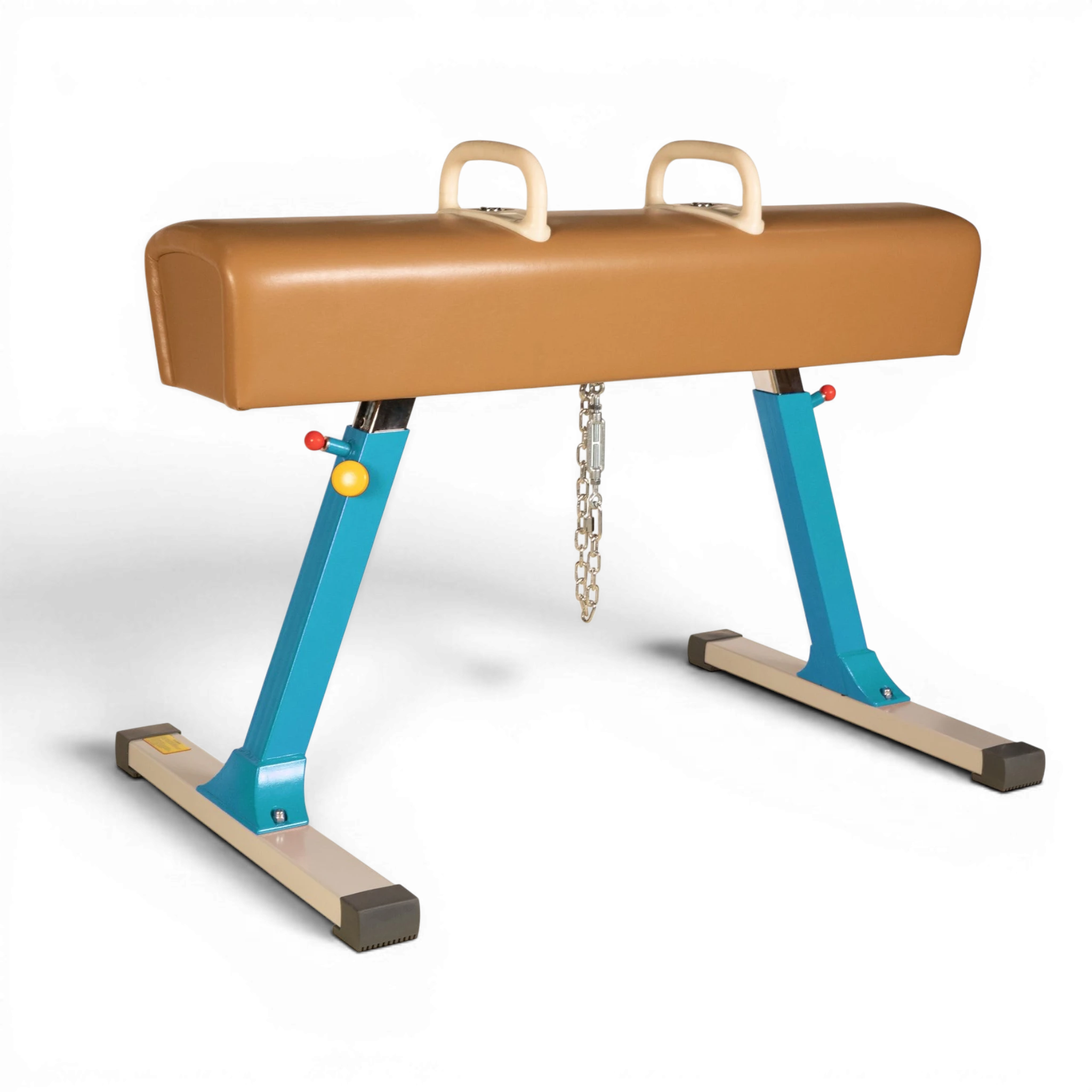 UK Gym Pits Gaofei pommel horse with blue legs and brown body featuring a central floor chain tension system