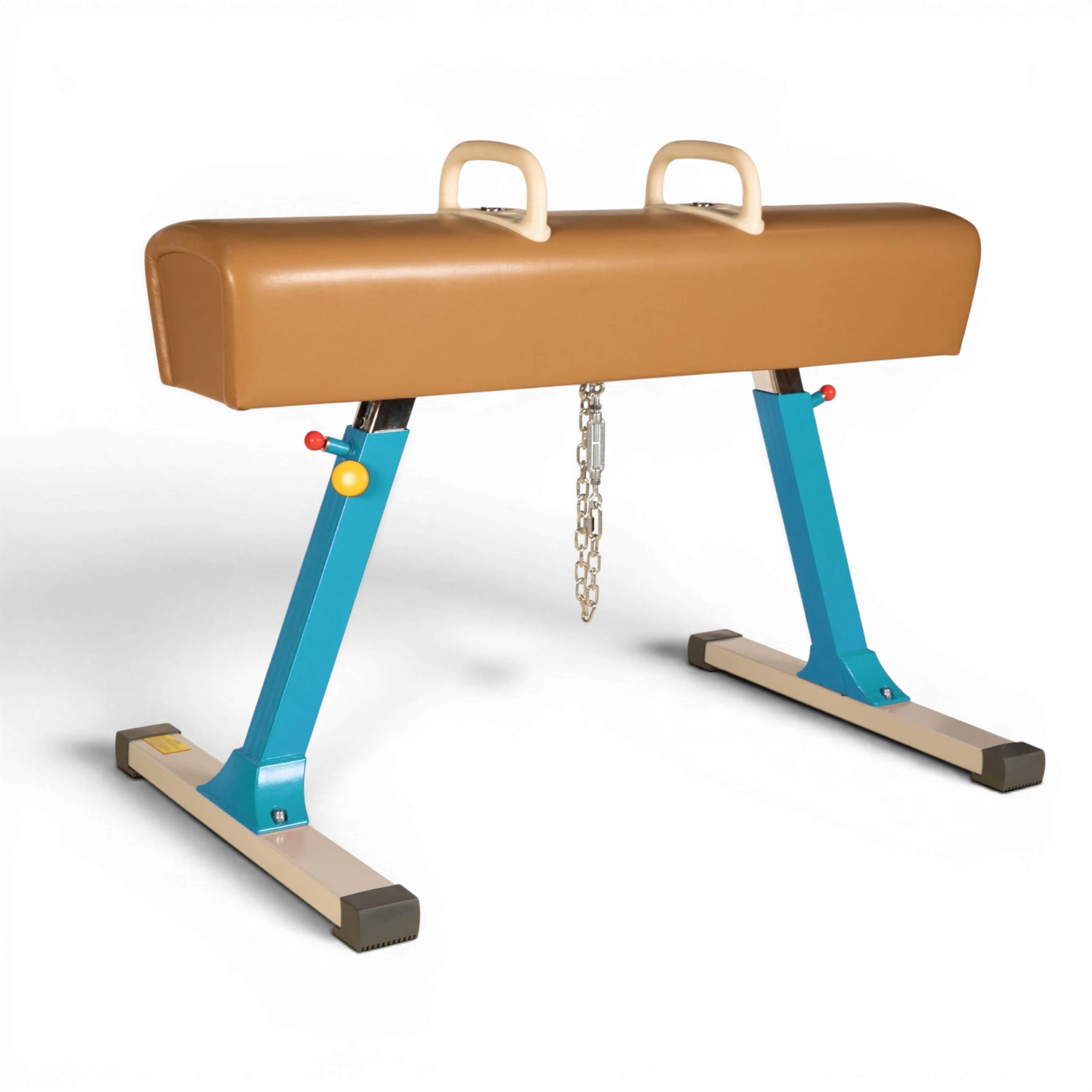 UK Gym Pits Gaofei pommel horse with blue legs and brown body featuring a central floor chain tension system