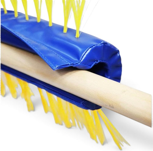 UK Gym Pits Porcupine Bar Pad with blue vinyl padding and yellow flexible bristles attached to a wooden gym bar